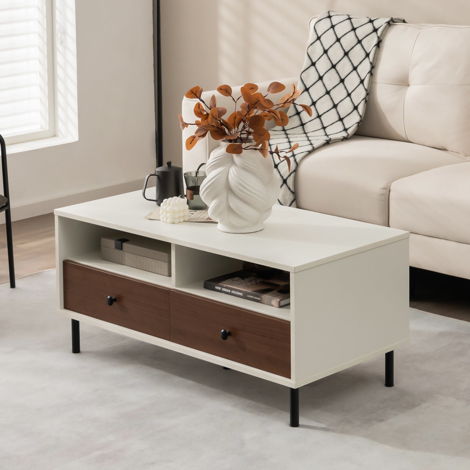 Modern Coffee Table Rectangle Sofa Center Table with Shelves Drawers - Mycitystee