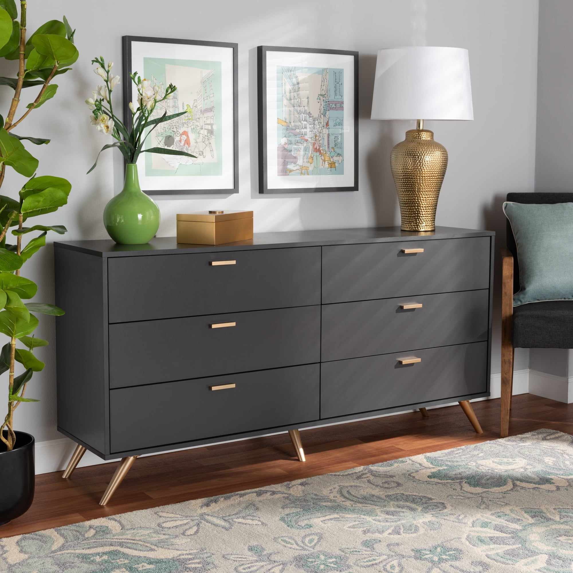 Kelson Modern and Contemporary Dark Grey and Gold Finished Wood 6-Drawer Dresser - - 37263784 - Mycitystee