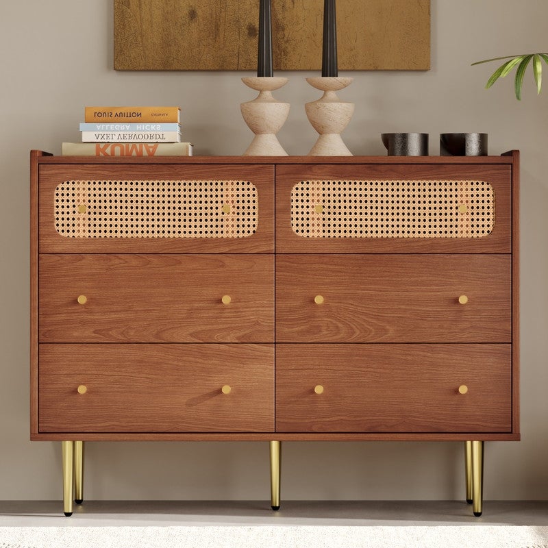 6-Drawers Dresser for Bedroom， Chest of Drawers， Floor Storage Drawer Cabinet for Living Room Home Office， Drawers Rattan Chest - - 37981740 - Mycitystee