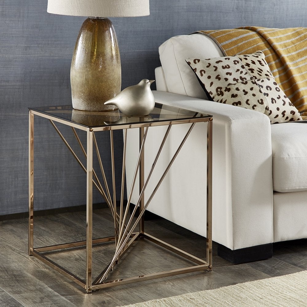 Square Metal and Glass Top End Table， Champagne Gold - Mycitystee