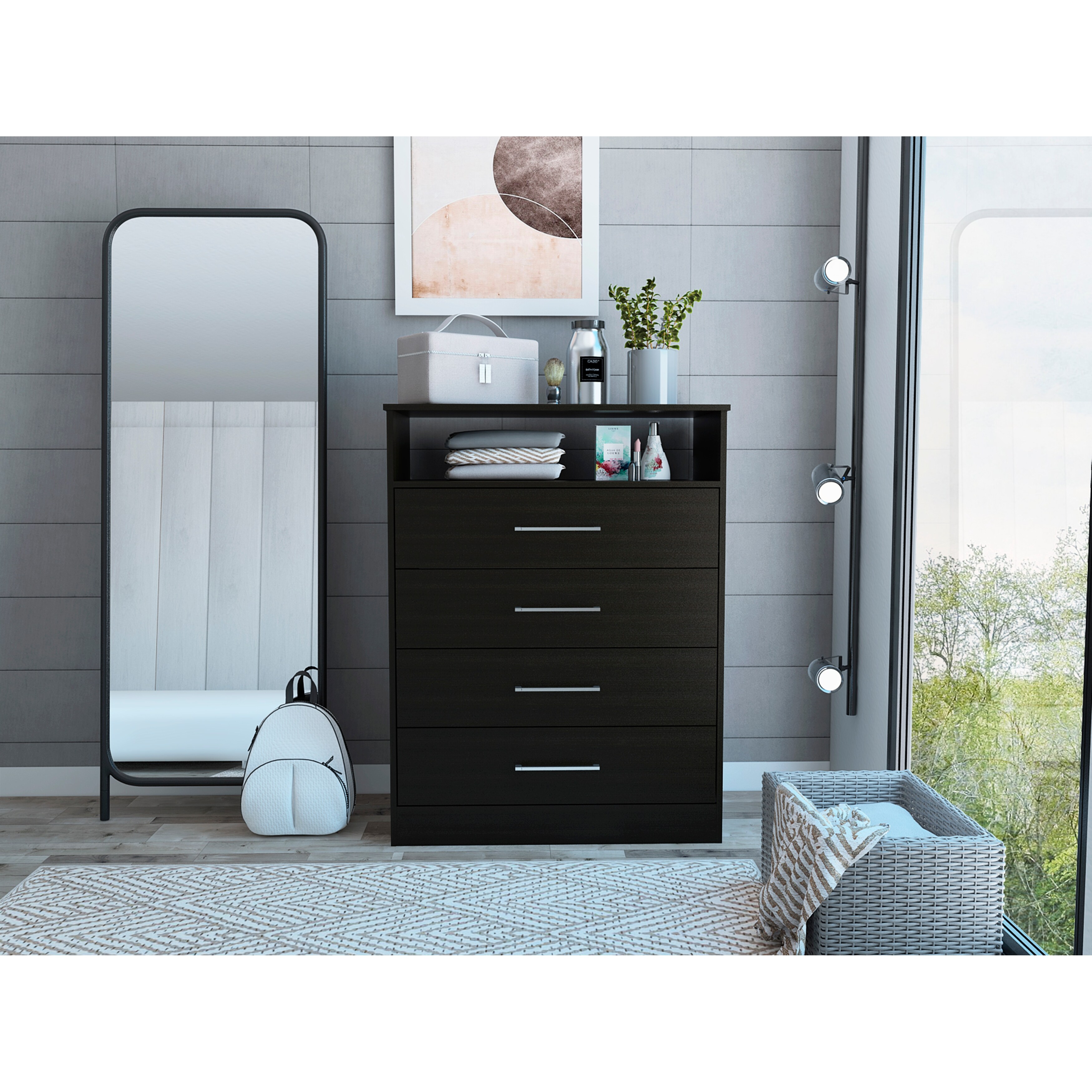 Athens Dresser with 4 Drawers， Open Shelf， and Top Surface for TVs up to 47