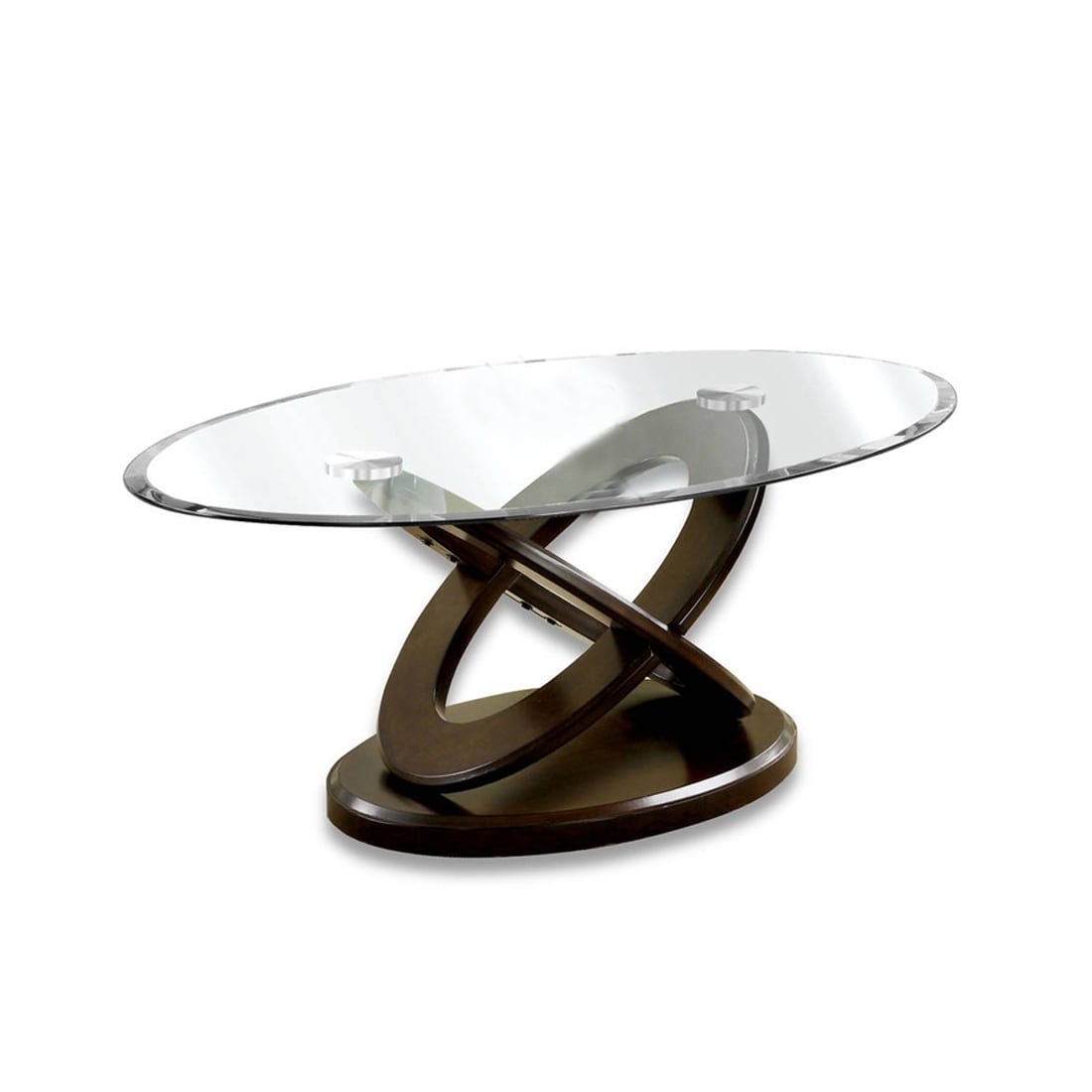 Oval Glass Top Coffee Table with Cross Oval Base， Brown and Clear - Mycitystee