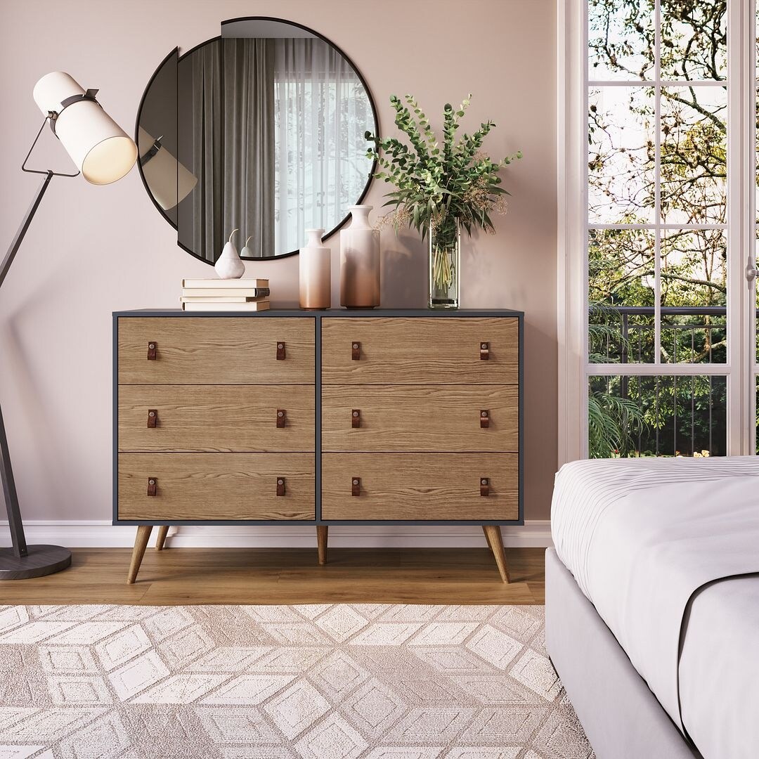 Manhattan Comfort Amber Double Dresser with Faux Leather Handles in Blue and Nature - - 36909226 - Mycitystee