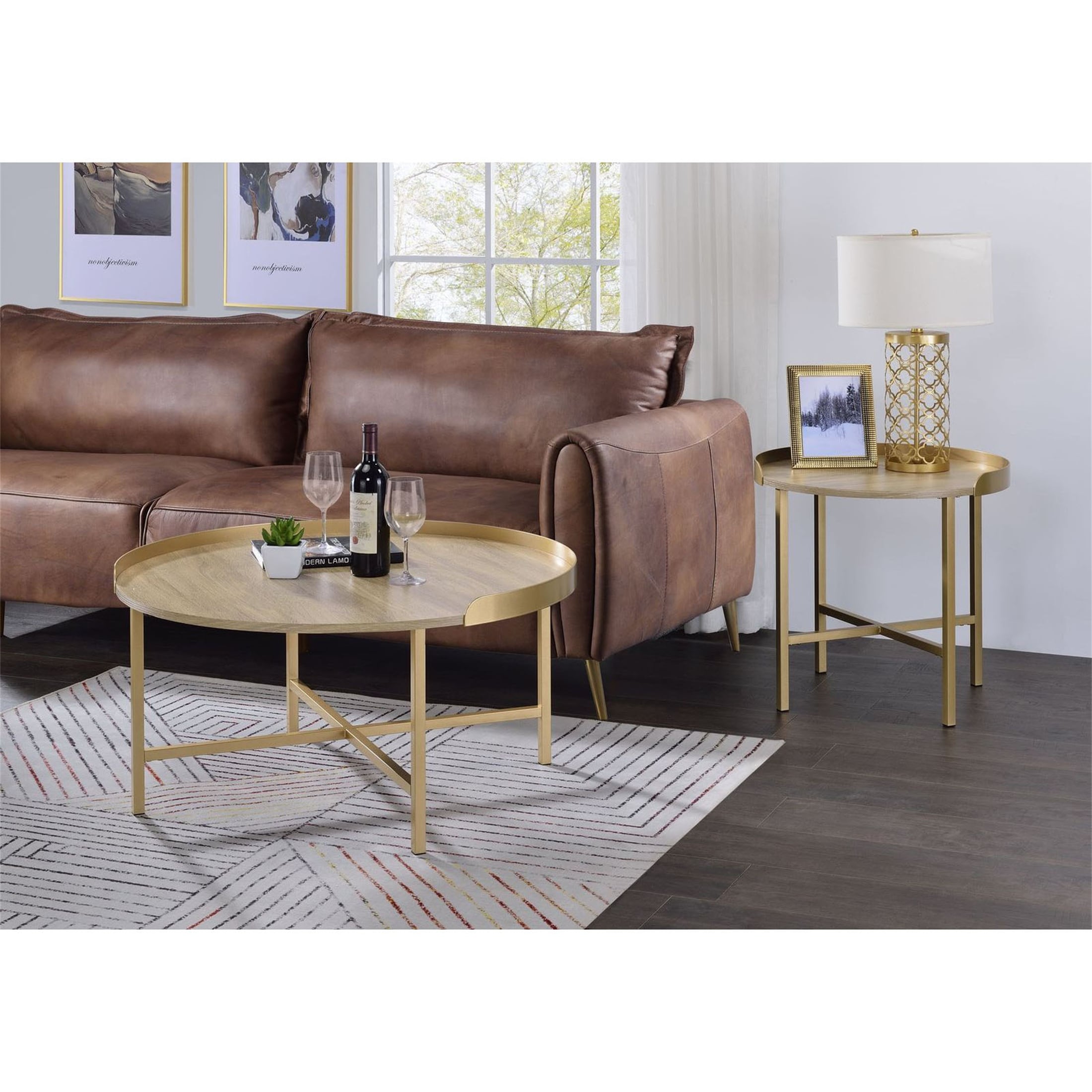 End Table Wooden Coffee Table Round Table Top Oak Table Gold Finish - Mycitystee