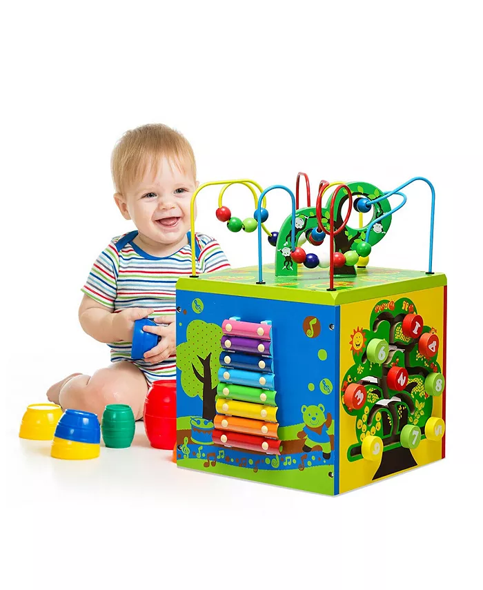 Costway 5-in-1 Wooden Activity Cube Toy Educational Learning Bead Maze w  Rotatable Base - Mycitystee
