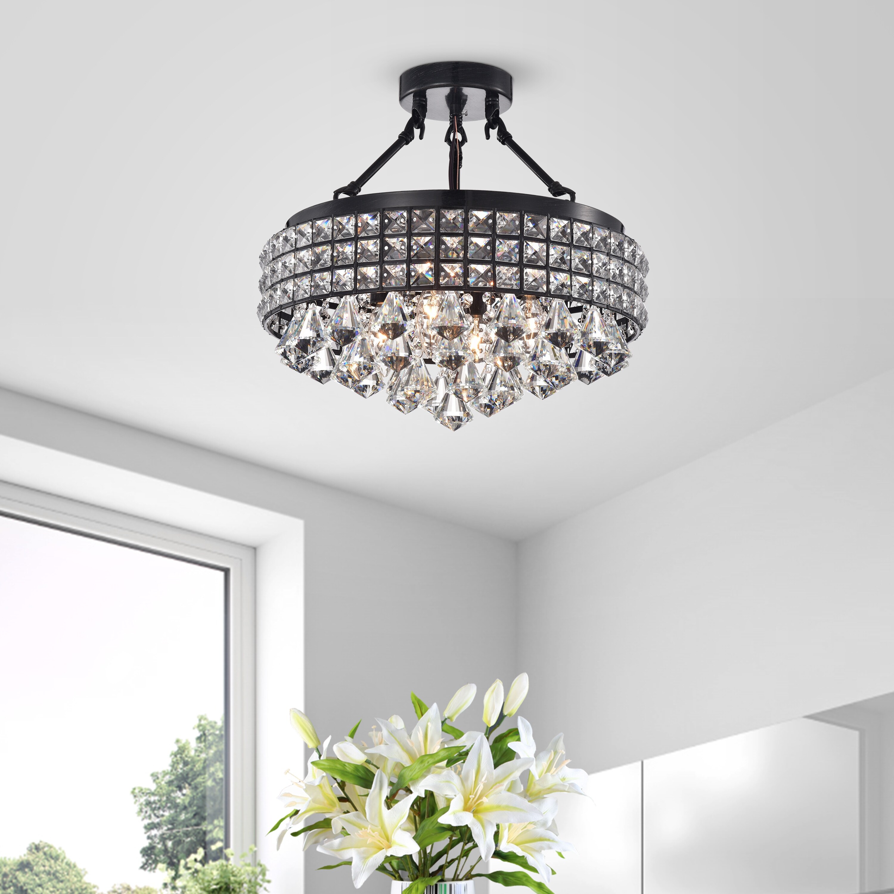 Black 4-Light Beaded Crystal Round Drum Semi Flush Mount - Mycitystee