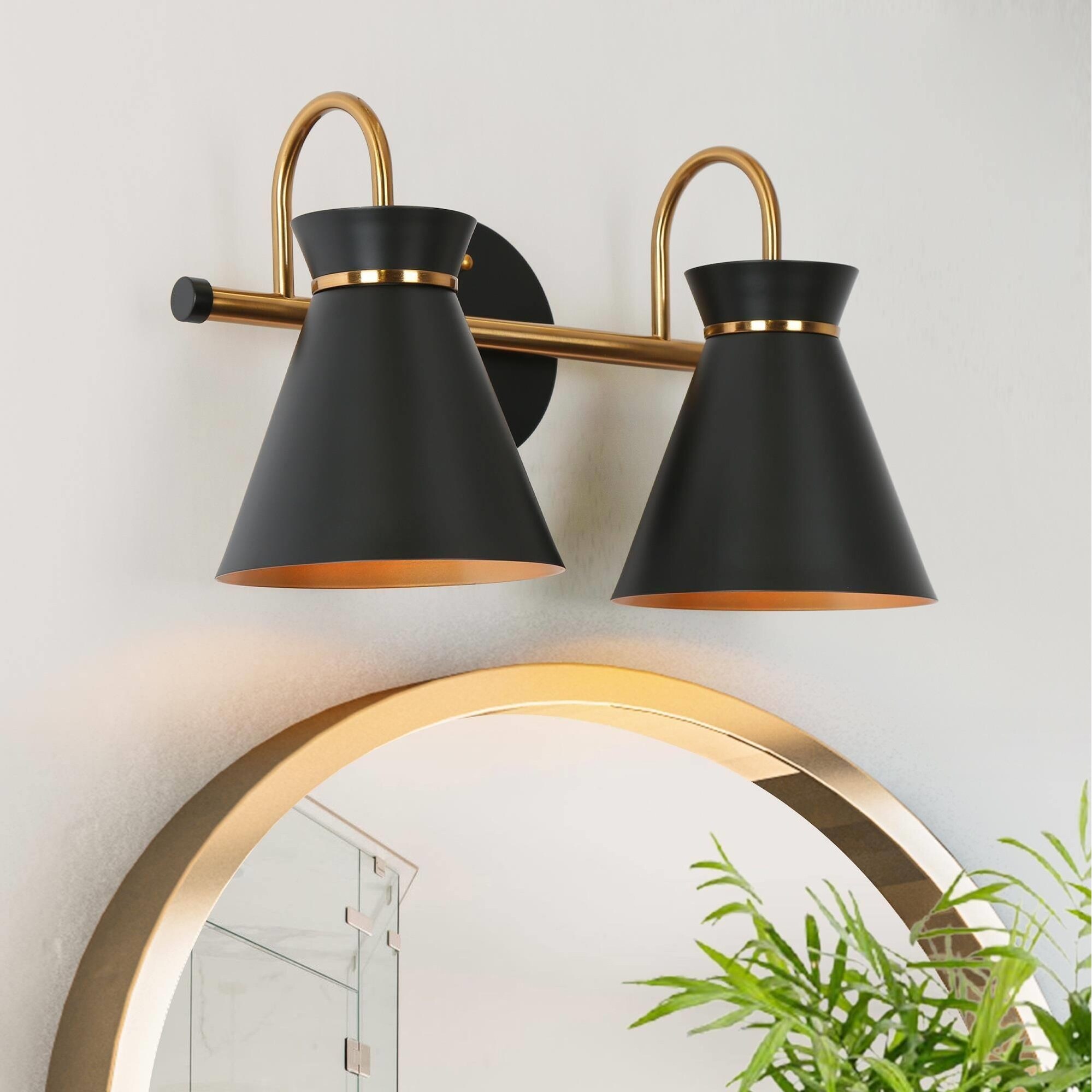 2-Light Modern Black Gold Bathroom Vanity Light Dimmable Metal Wall Sconce - 14.5