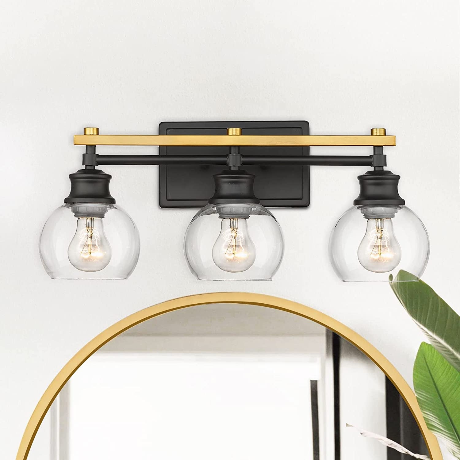 3-Light Modern Bathroom Vanity Light with Clear Globe Glass Shade，Black and Gold Finish - Mycitystee