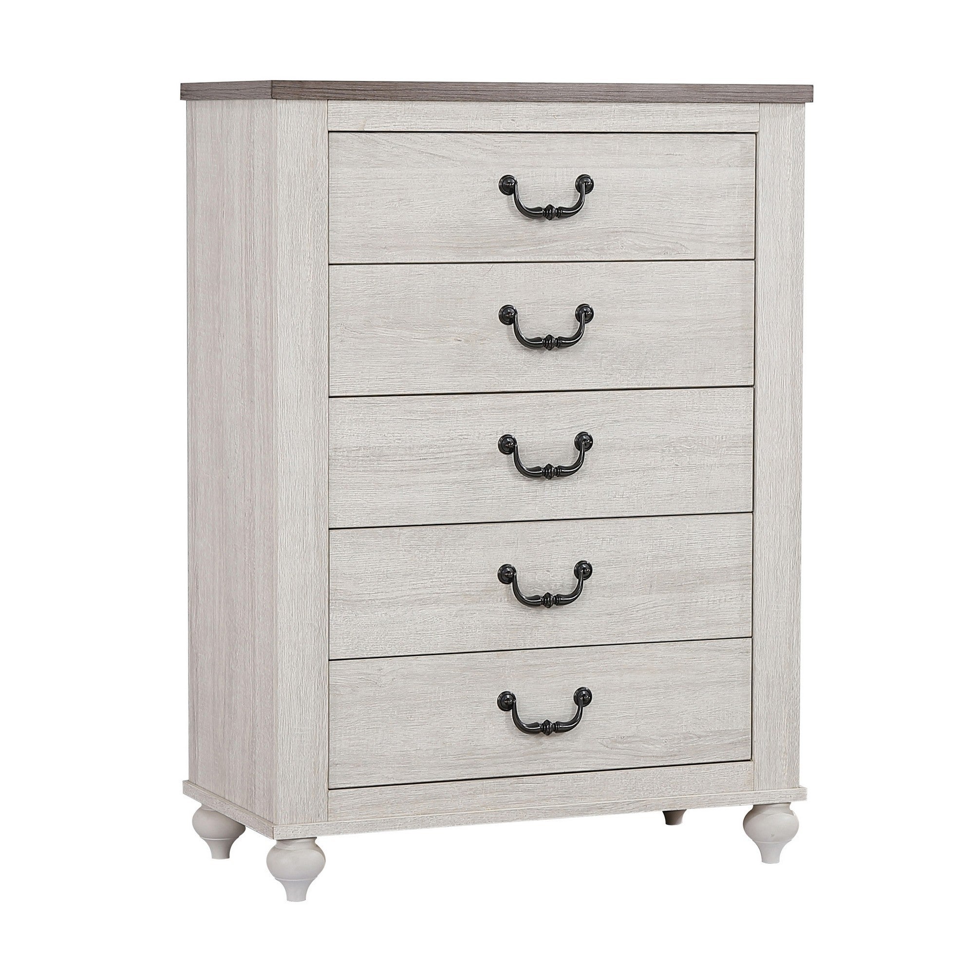 Wooden Chest with 5 Drawers and Bun Legs， White and Brown - - 33992944 - Mycitystee