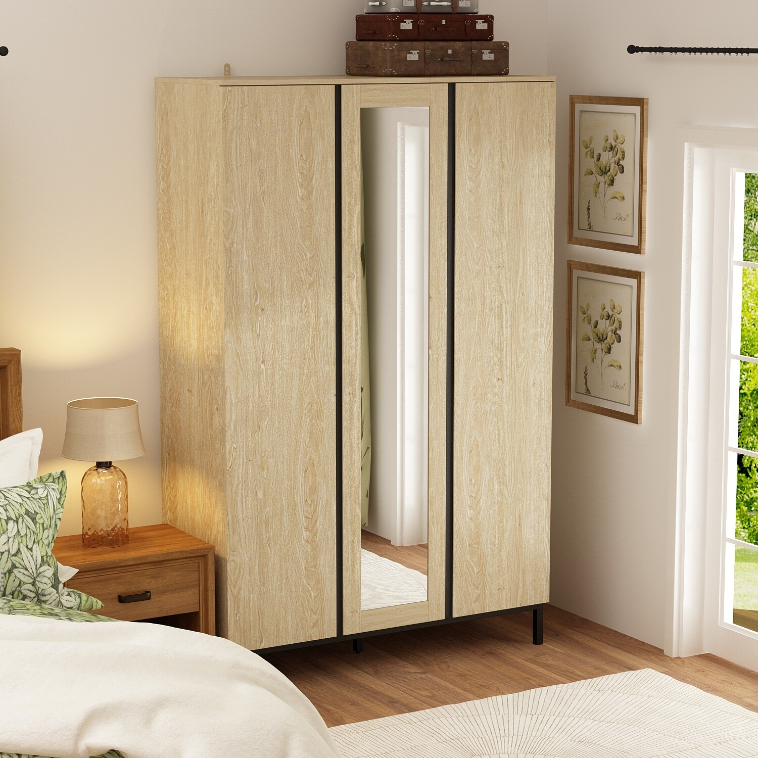 Armoire Wardrobes With Mirror Doors Closet Hanging Wood Finish 3 Doors - - 37250843 - Mycitystee