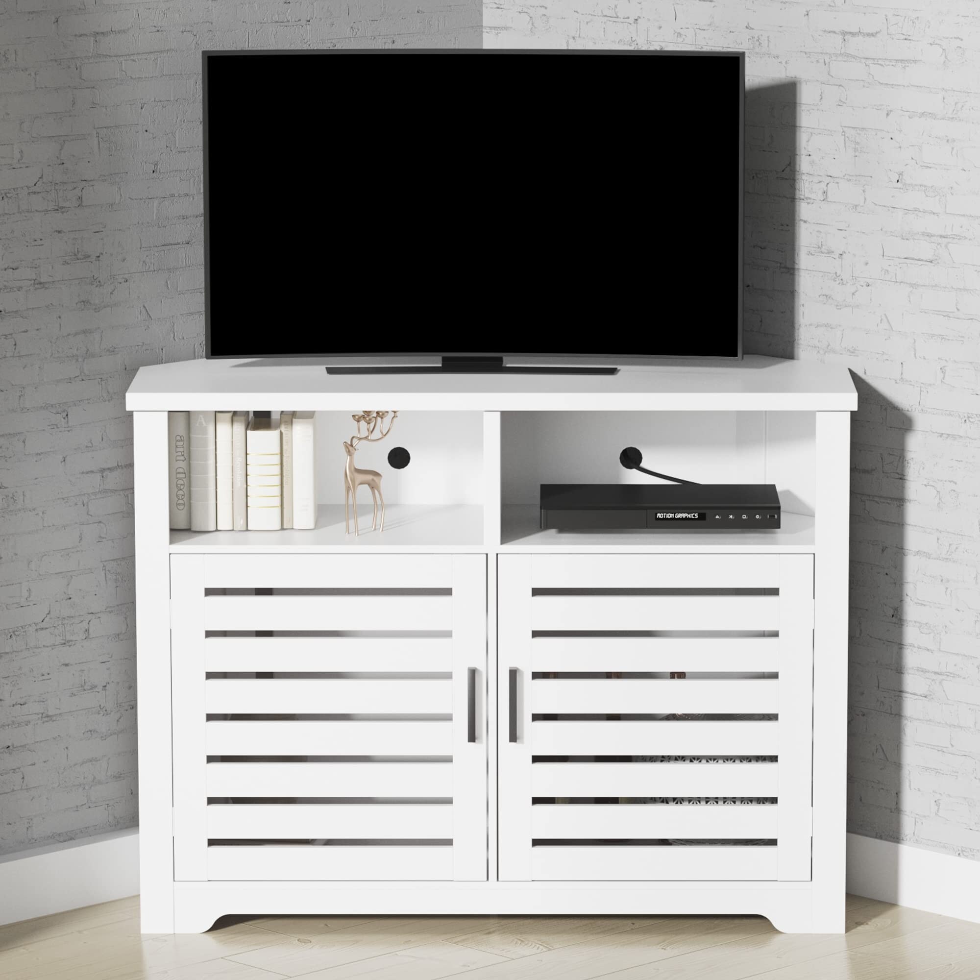 White Corner TV Stand for 50 Inch TV with Anti-Tilt Design， Corner TV Cabinet with Doors， Corner Entertainment Center - - 37668344 - Mycitystee