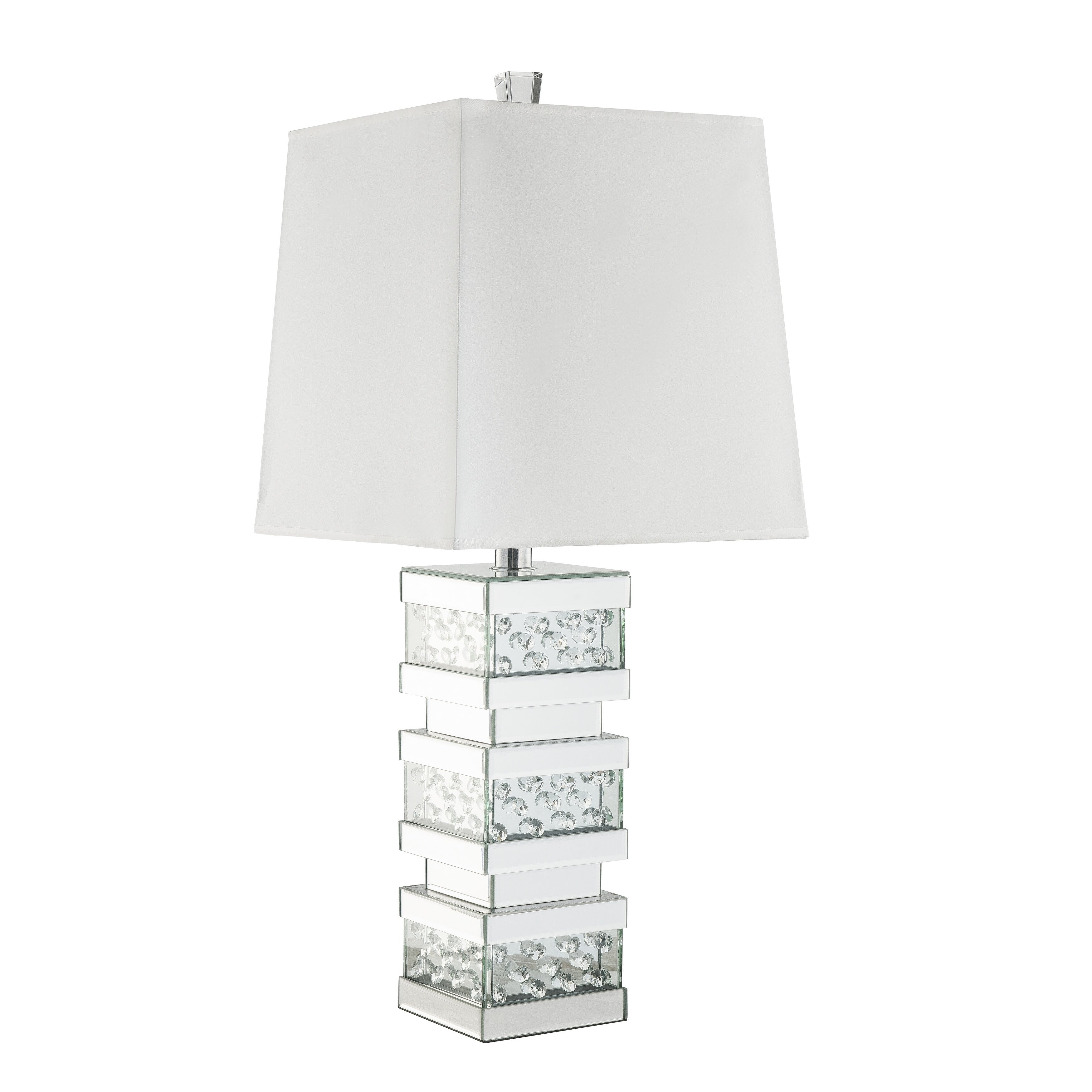 Contemporary Square Table Lamp with Pedestal Mirrored Base， White and Clear - Mycitystee