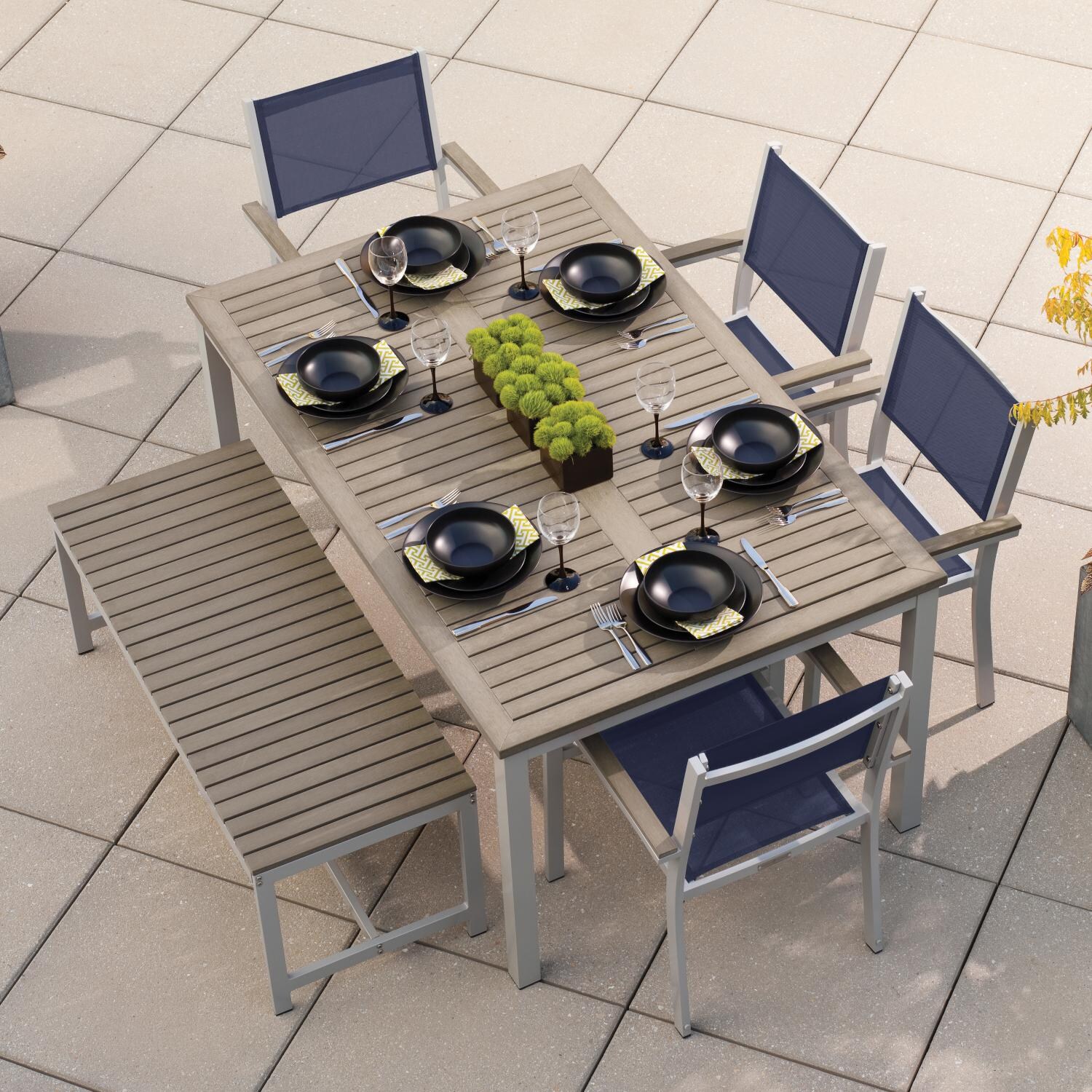 Oxford Garden Travira 6 Piece Flint Aluminum Patio Dining Set W/ Ink Pen Sling Armchairs， 63-Inch Rectangular Vintage Tekwood Table and Backless Bench - Mycitystee