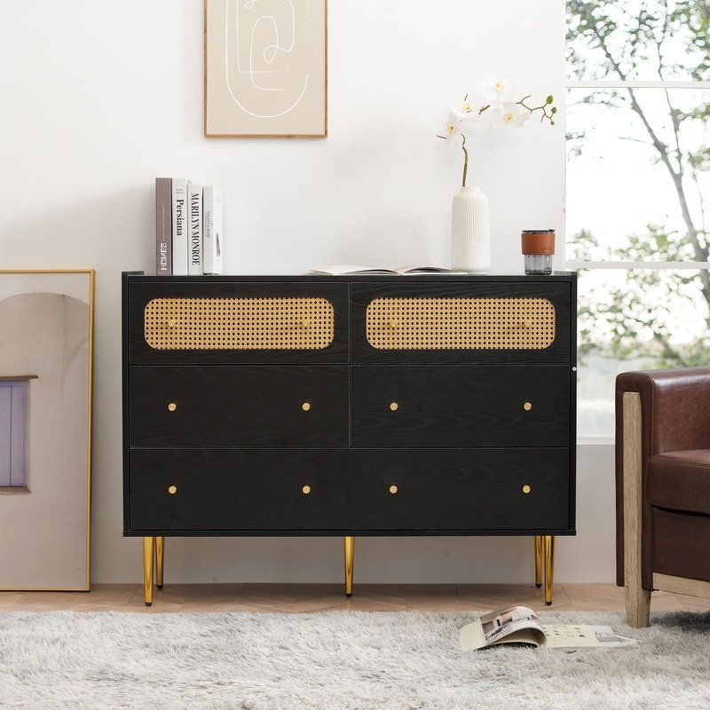 6-Drawers Dresser for Bedroom， Chest of Drawers， Floor Storage Drawer Cabinet for Living Room Home Office， Drawers Rattan Chest - - 37981738 - Mycitystee