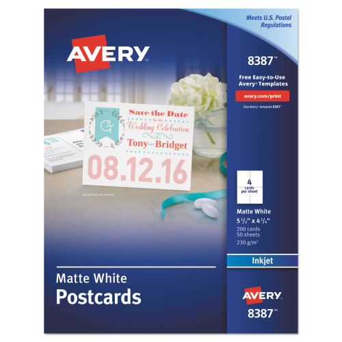 Avery Postcards for Inkjet Printers， 4 1/4 x 5 1/2， Matte White， 4/Sheet， 200/Box (8387) - Mycitystee