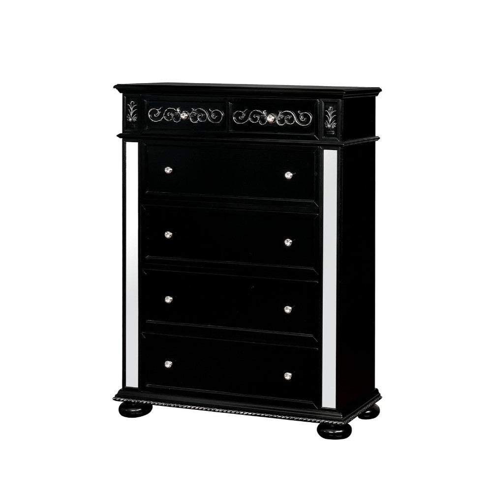 Spacious Drawers Solid Wood Chest with Crystal Knobs and Bun Feet， Black and Silver - - 26448355 - Mycitystee