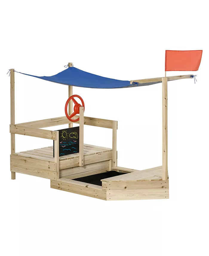 Outsunny Kids Wooden Sandbox Foldable Design， w  Canopy， Seats， Flag， - Mycitystee