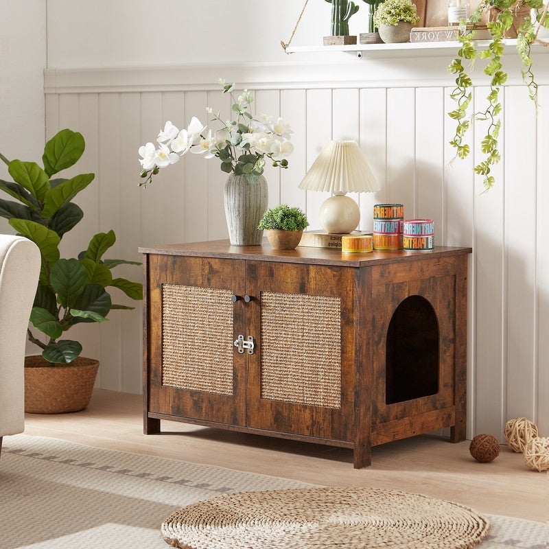 Rustic Litter Box Enclosure， Hidden Cat Litter Box with Removable Divider and Scratching Post， Wooden Pet House， End Side Table - Mycitystee