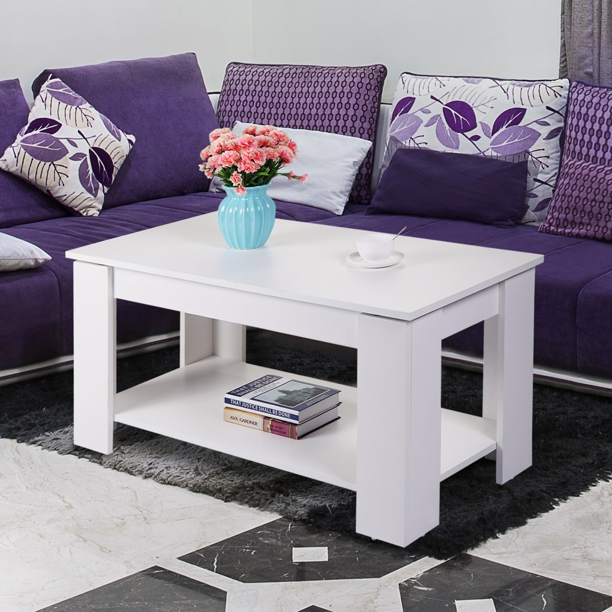 Lift Top Coffee Table with Hidden Compartment and Open ShelfWhite - Mycitystee