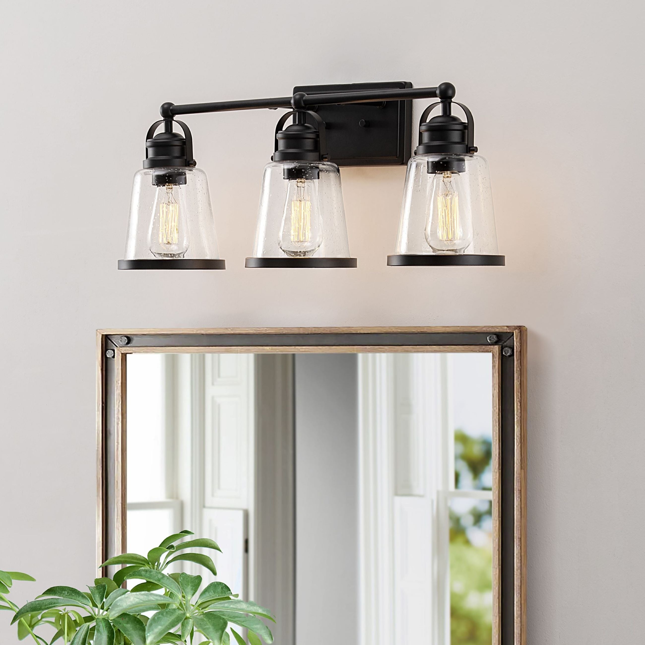 KAWOTI 3 Light Black Dimmable Vanity Light with Seeded Glass Shades - W25in x H10in - Mycitystee