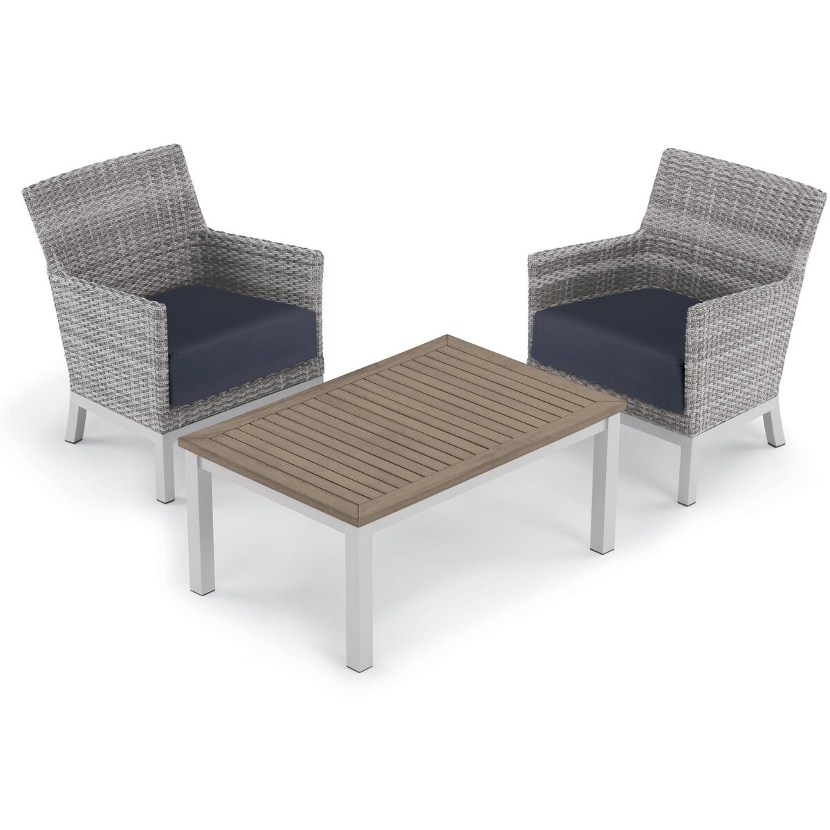 Argento 3 Piece Wicker Patio Conversation Set W/ Tekwood Vintage Coffee Table and Midnight Blue Cushions By Oxford Garden - Mycitystee