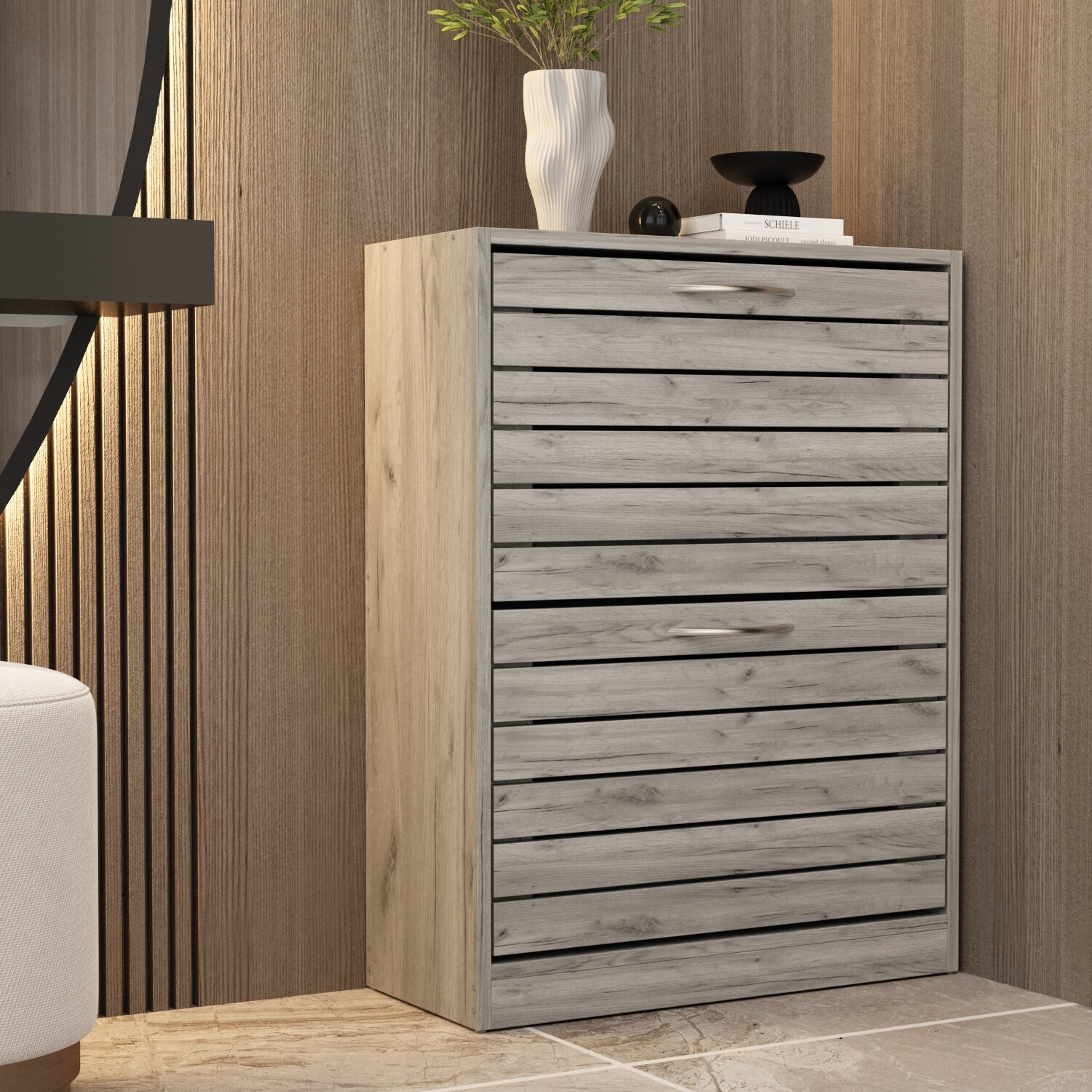 6-12 Pair Shoe Storage Cabinet Two Drawer Space Saving Grey/Oak - - 37191211 - Mycitystee