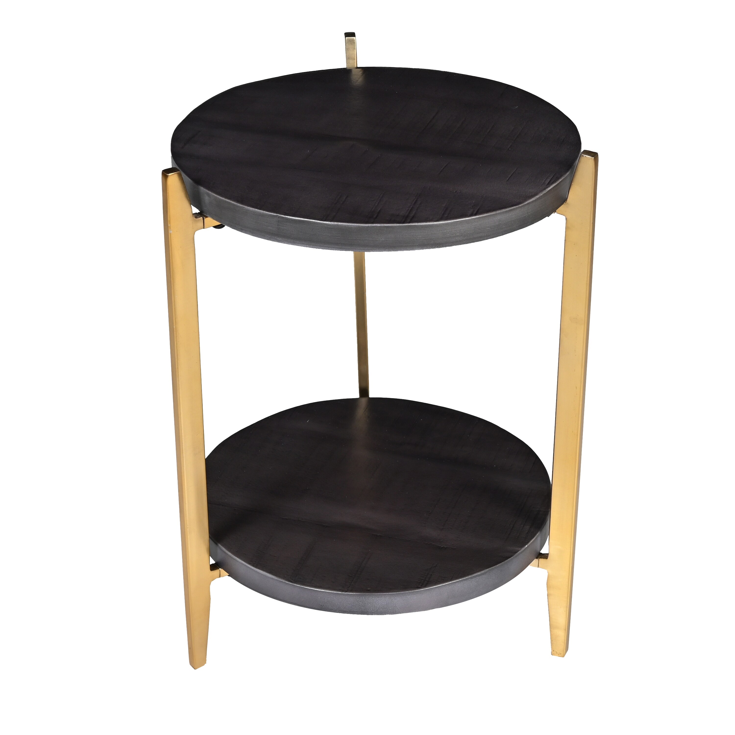Tali 16 Inch Handcrafted Round Side End Table， 2 Tier， Charcoal Gray Acacia Wood， Sleek Gold Metal Legs - Mycitystee