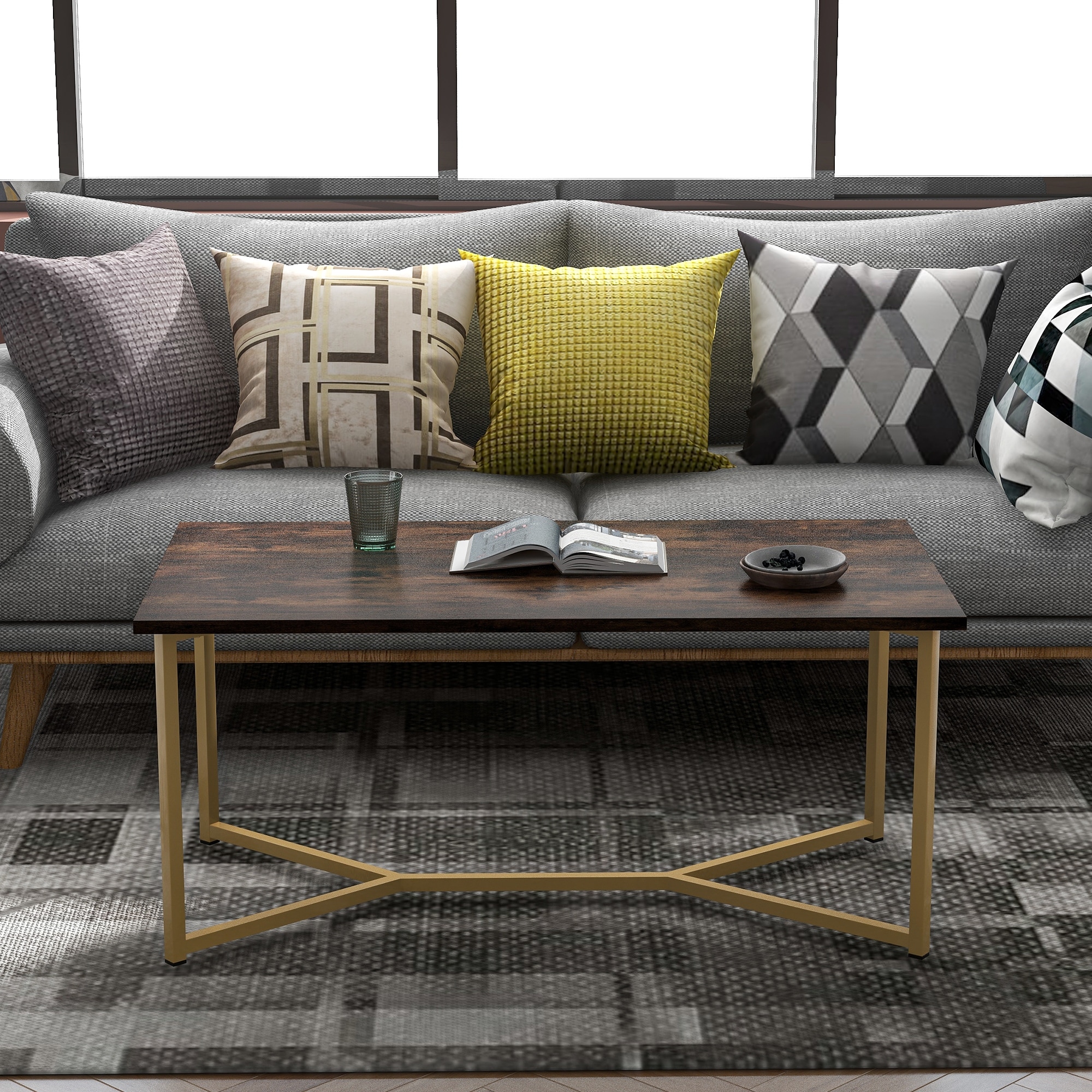 Modern Rectangle Wood Coffee Table with Powder-Coated Metal X-Leg Base - Mycitystee