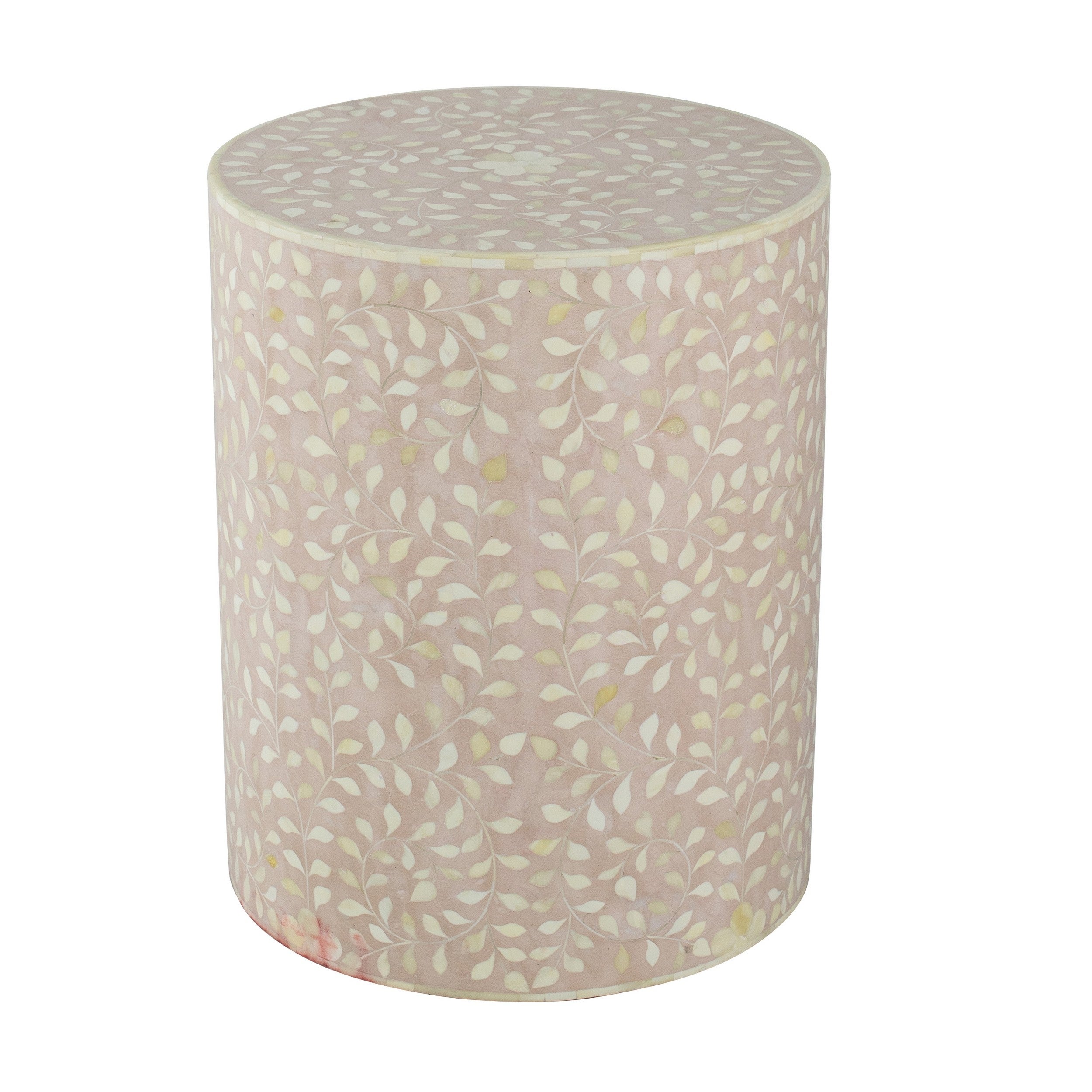 20 Inch Round Side End Table， Filigree Bone Inlay， Wood， Pale Pink， White - Mycitystee