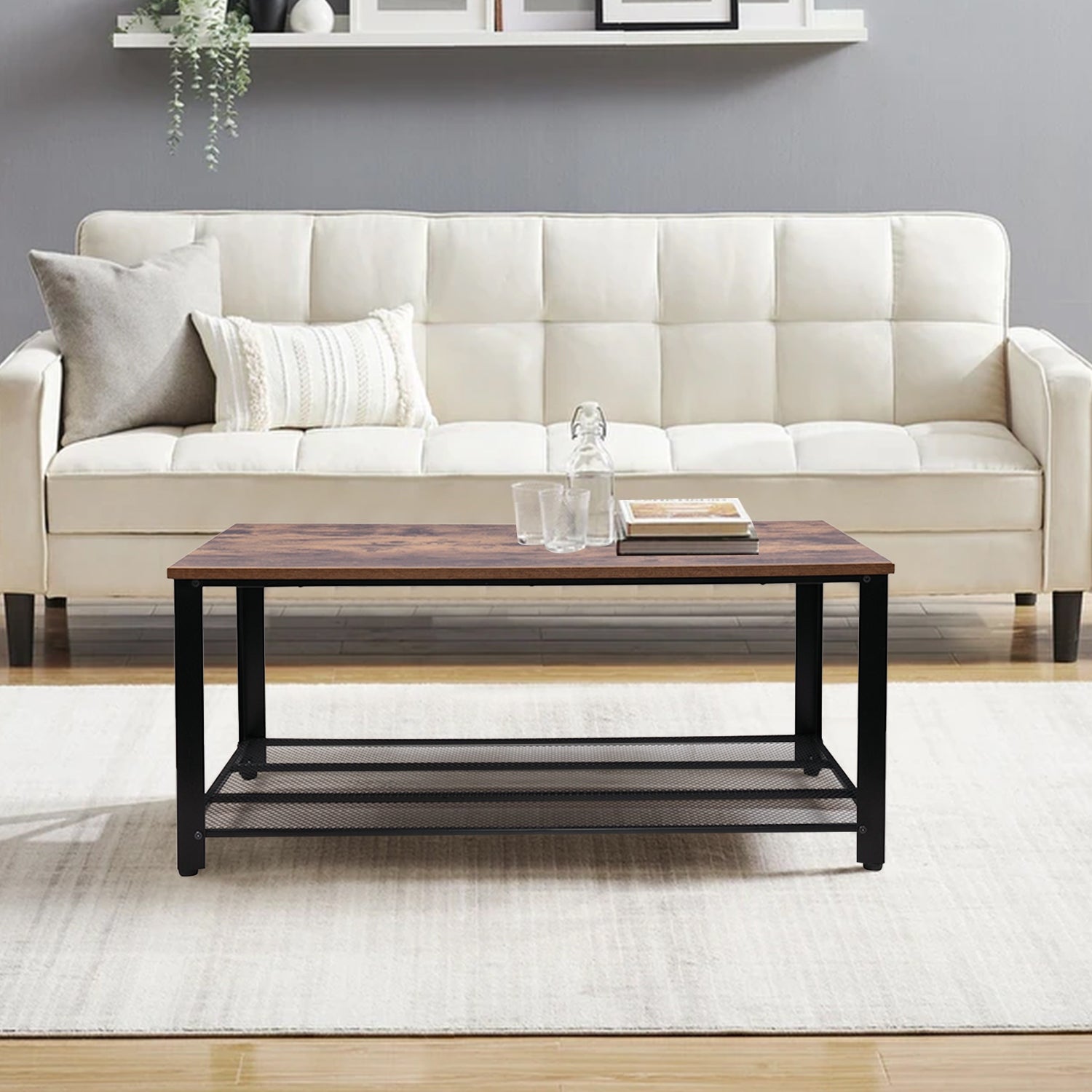 Retro Industrial Coffee End Table with Storage Mesh Shelf - Mycitystee