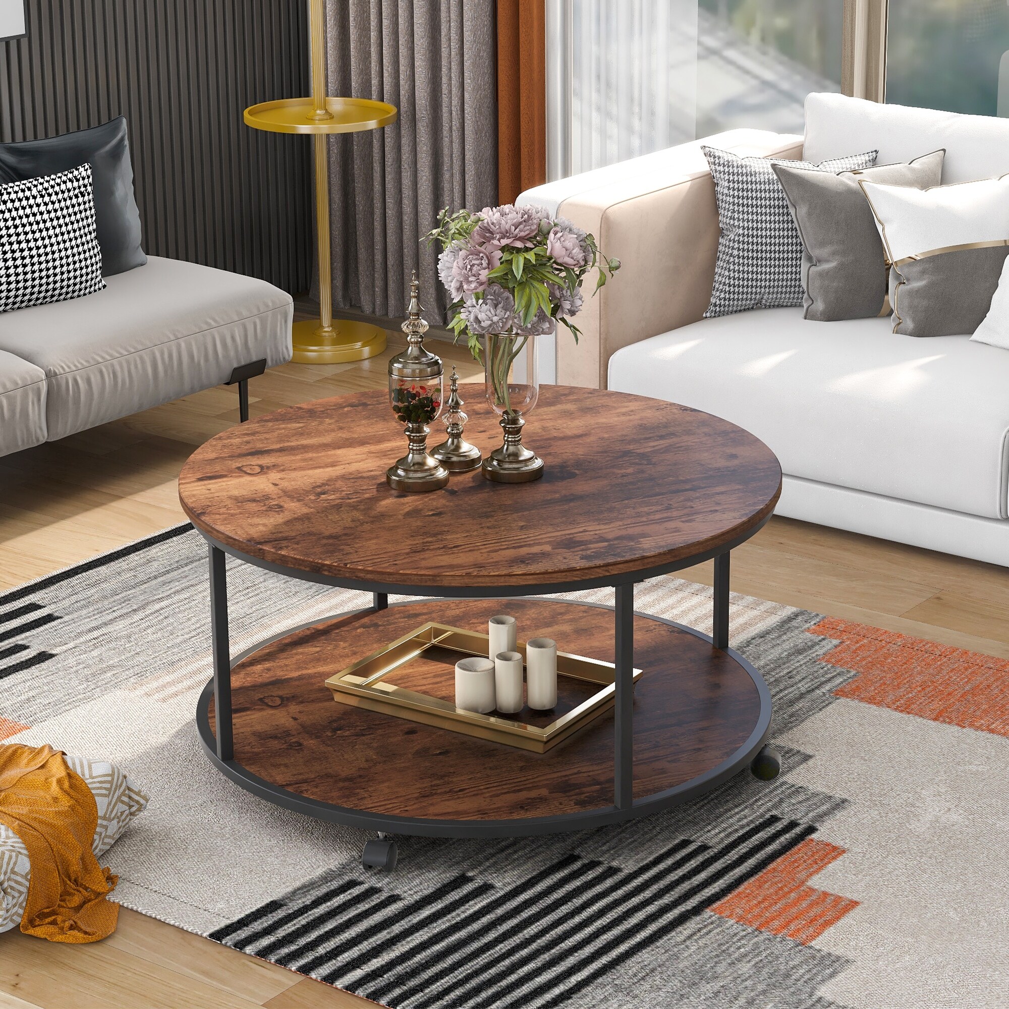 Rustic Design Round Coffee Table Featuring X-Shaped Base And Adjustable Leg Pads， Distressed Brown - Mycitystee