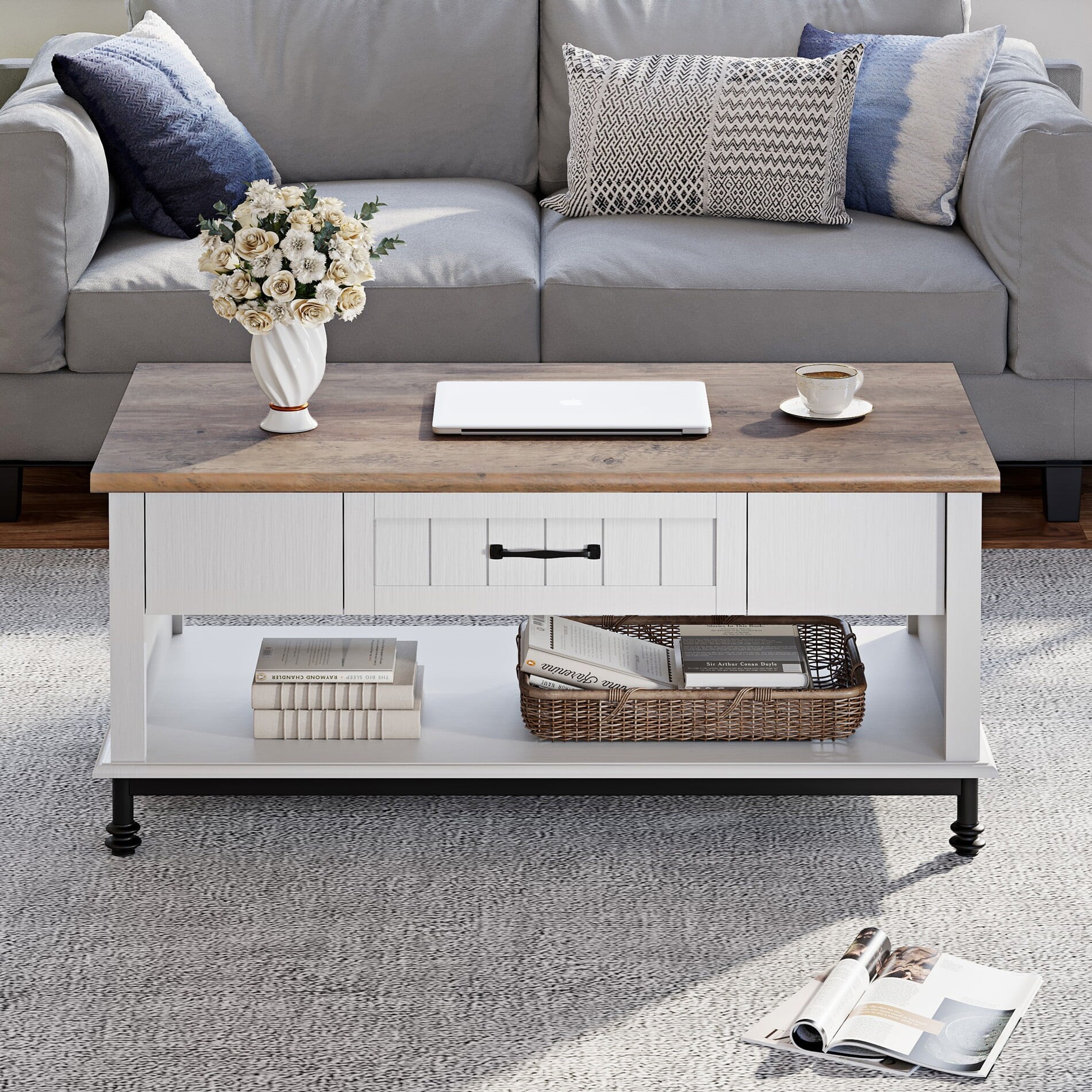 Farmhouse Coffee Table， Large Rectangle Storage Center with Drawer for Living Room - Mycitystee