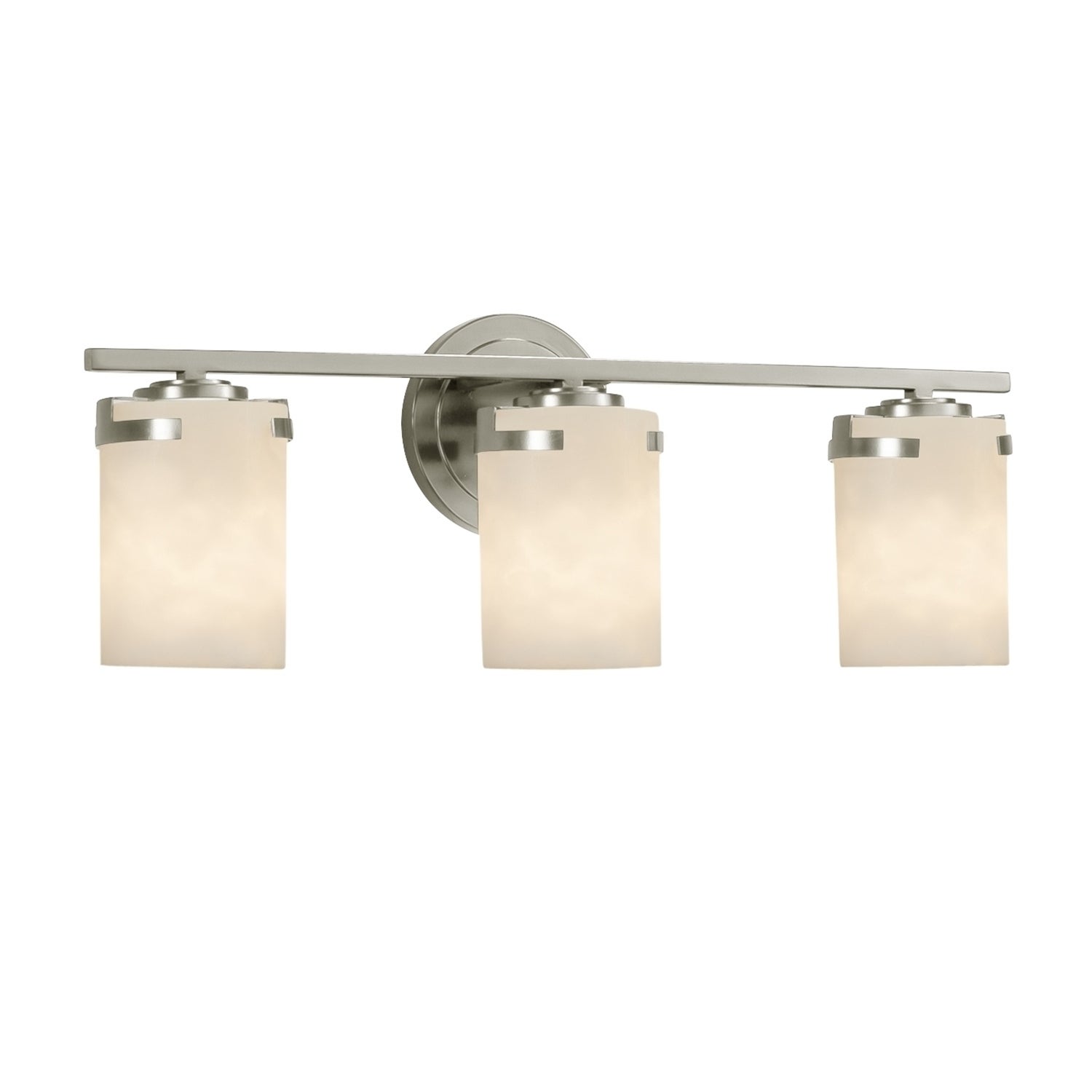Justice Design Clouds Atlas 3-light Brushed Nickel Bath Light， Off-white Cylinder w/ Flat Rim Shade - Mycitystee