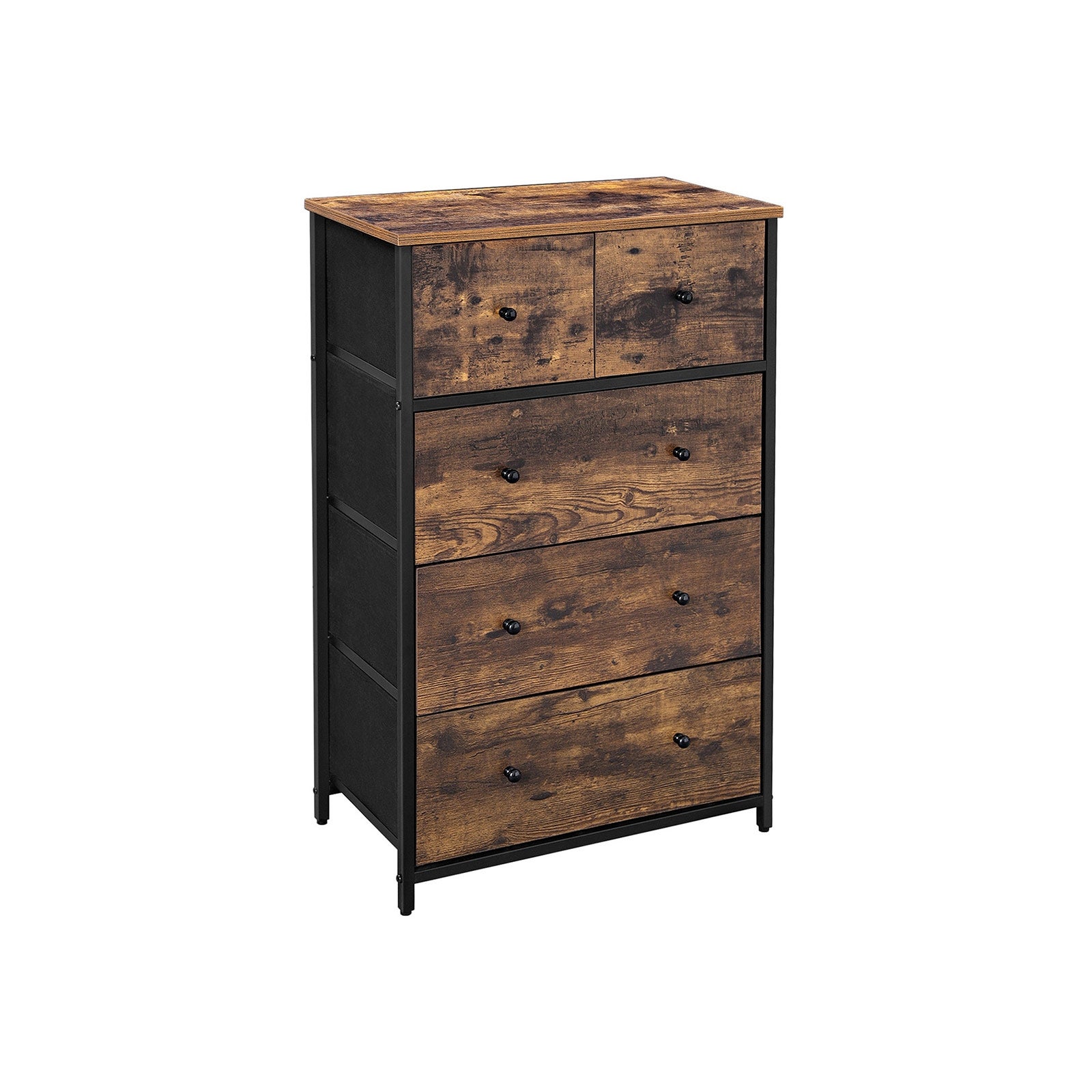 Rustic Drawer Dresser， Storage Dresser Tower with 5 Fabric Drawers， Wooden Front and Top， Industrial Style Dresser Unit - - 34769686 - Mycitystee