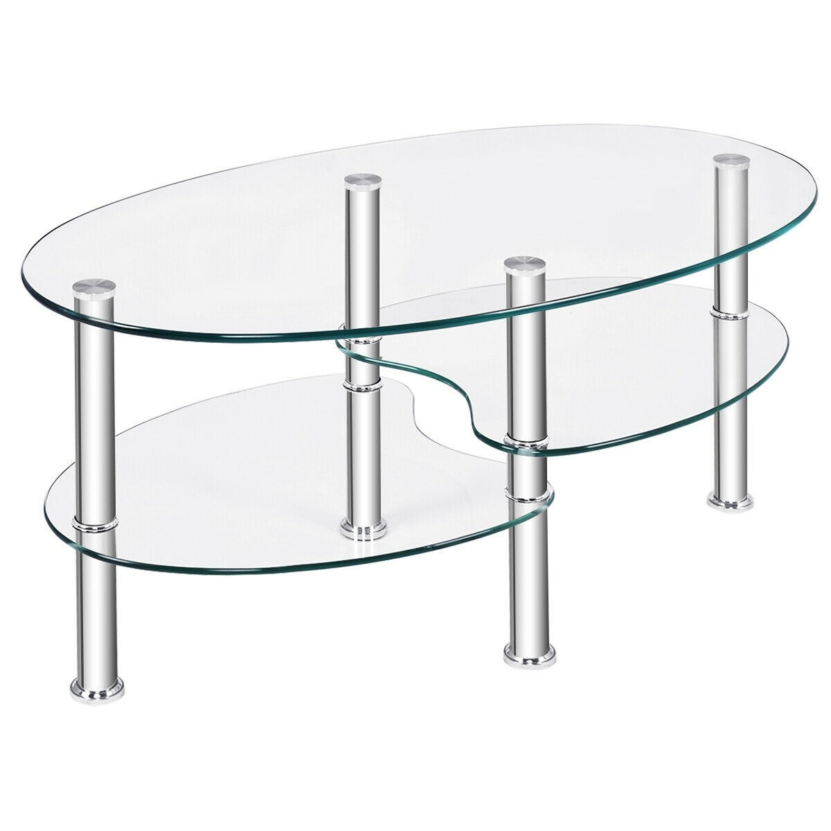 Costway Tempered Glass Oval Side Coffee Table Shelf Chrome Base Living - Mycitystee