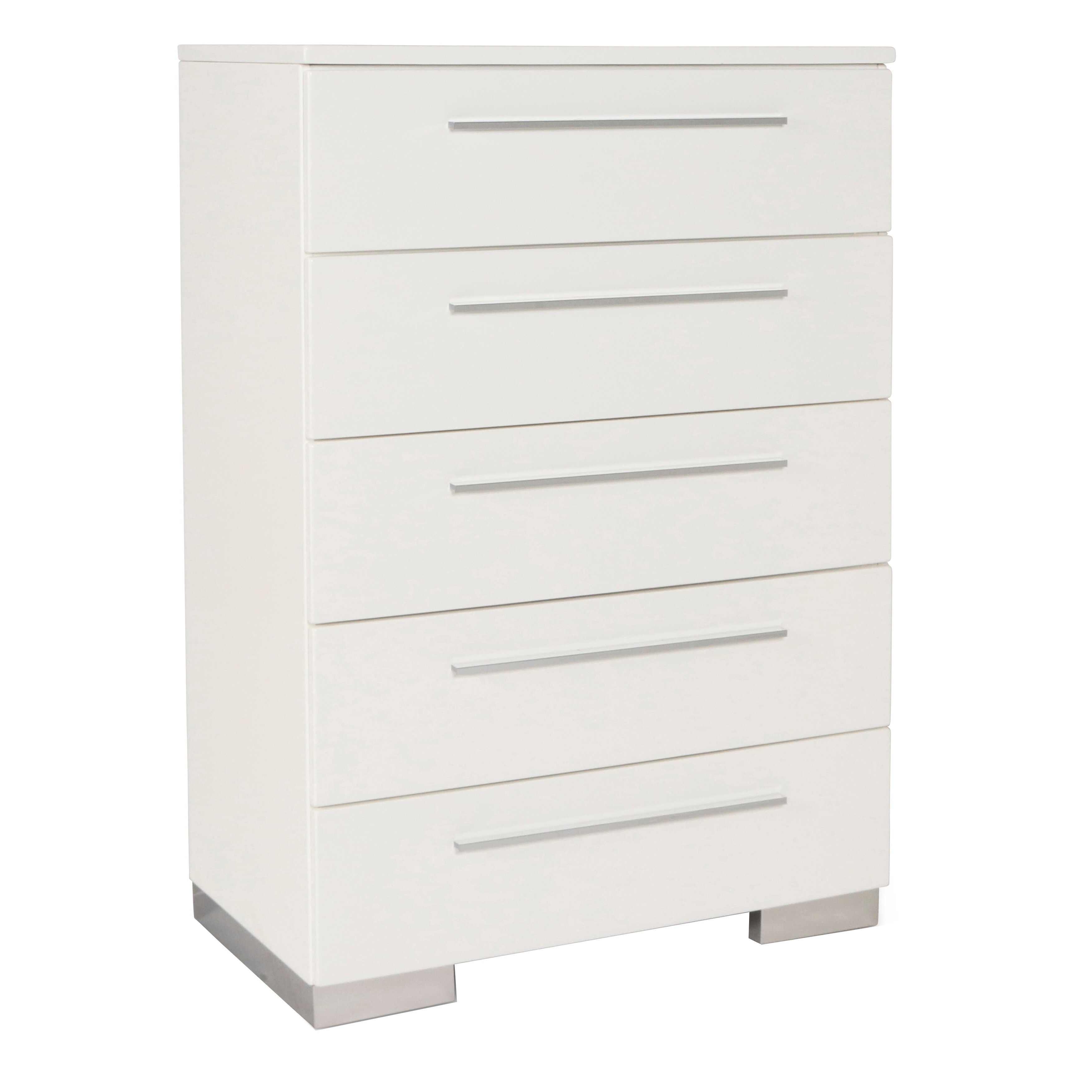 Wooden Chest with 5 Large Drawers and Horizontal Pulls， White and Silver - - 31575416 - Mycitystee