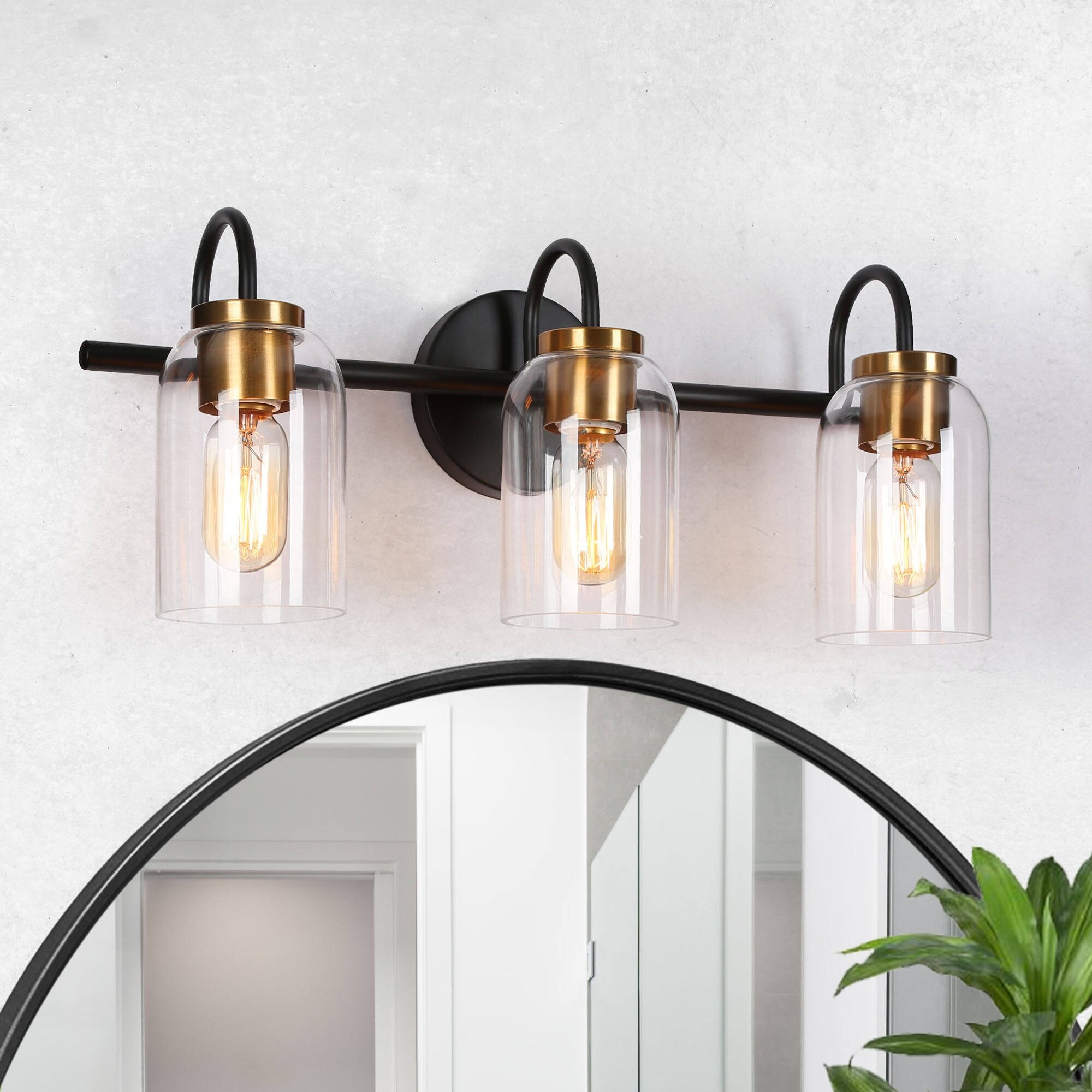 Modern Farmhouse Black Gold 3-Light Bathroom Vanity Light Clear Glass Wall Sconce - Mycitystee