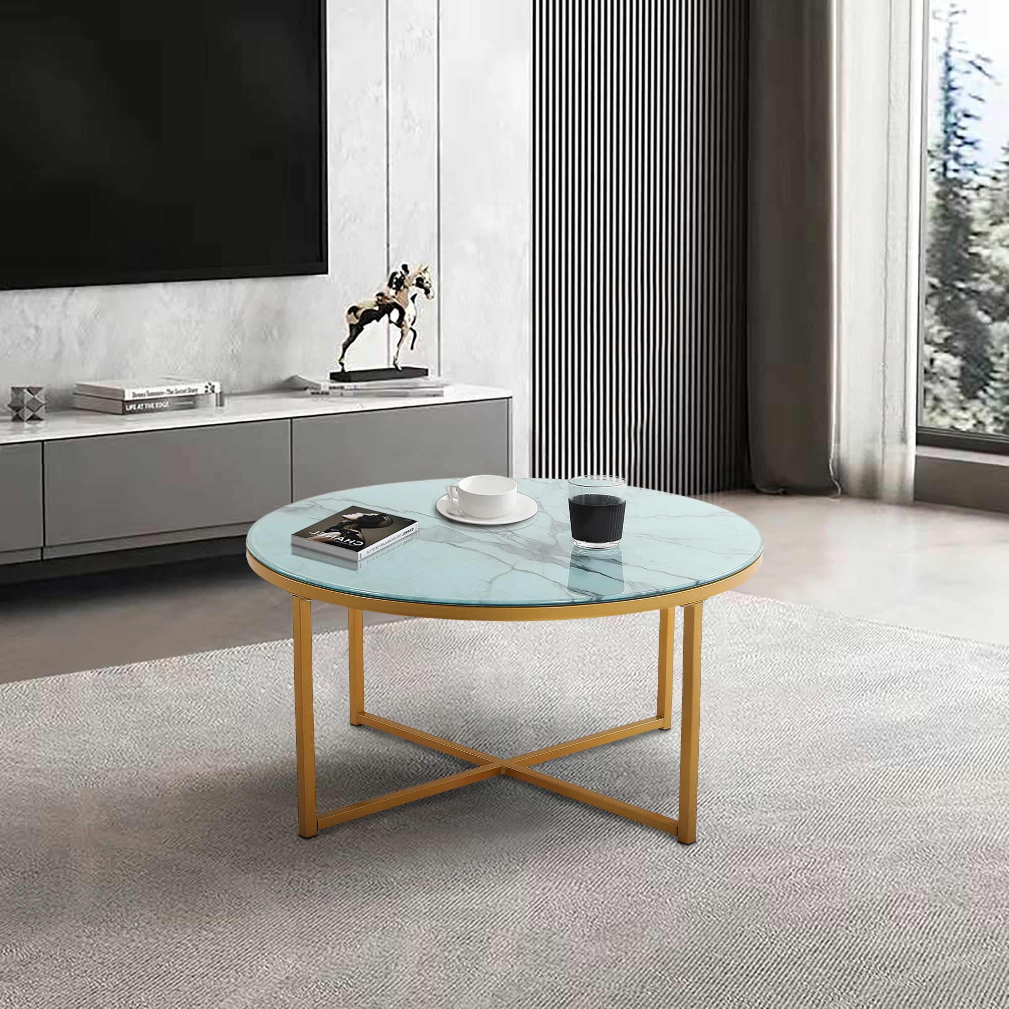 EPOWP Cross Legs Glass Coffee Table with Metal Base， Marble White Top and Golden - Mycitystee
