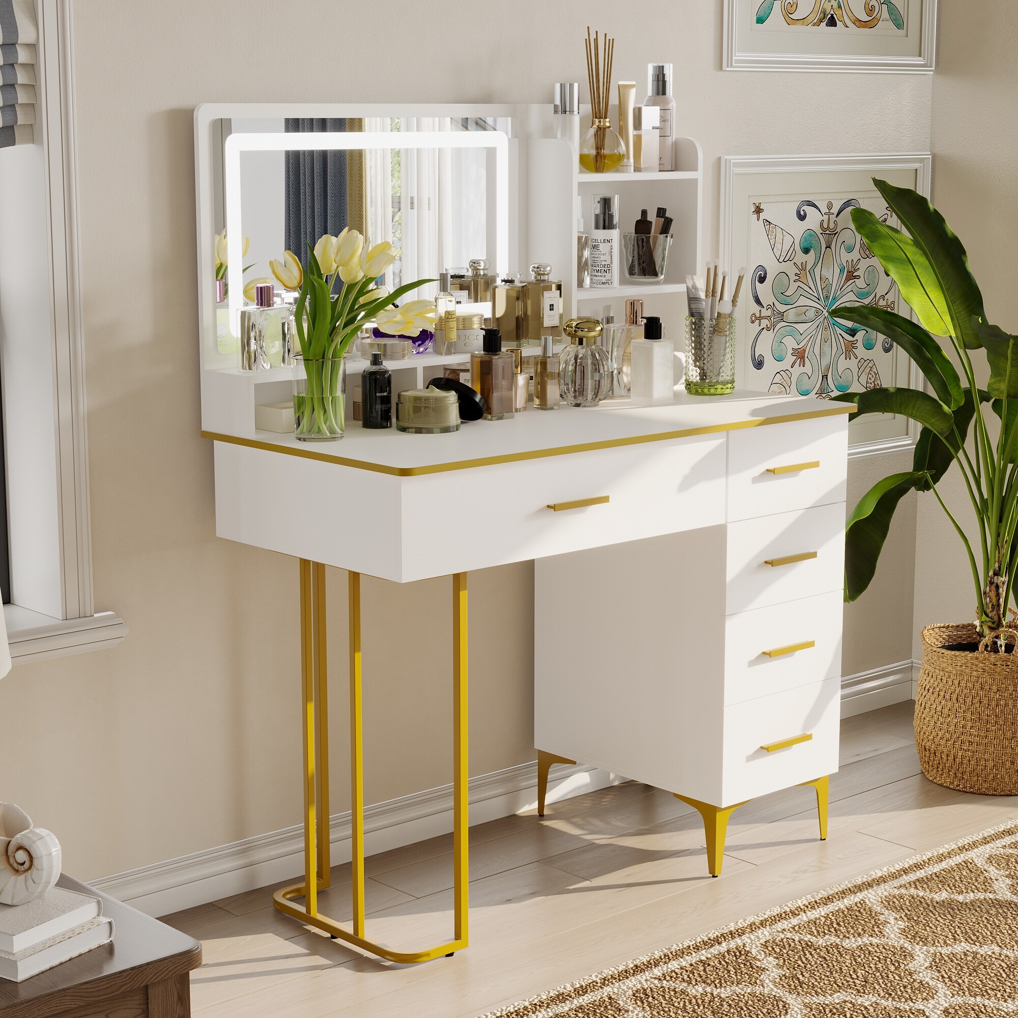 Stylish Vanity Table with Three Color Light Settings Dressing Table - - 37915238 - Mycitystee