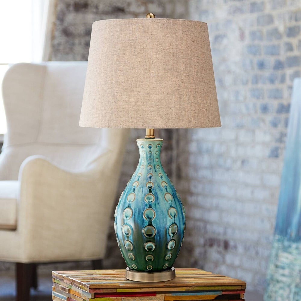 Mid Century Modern Table Lamp Vase Teal Handmade - 14.5