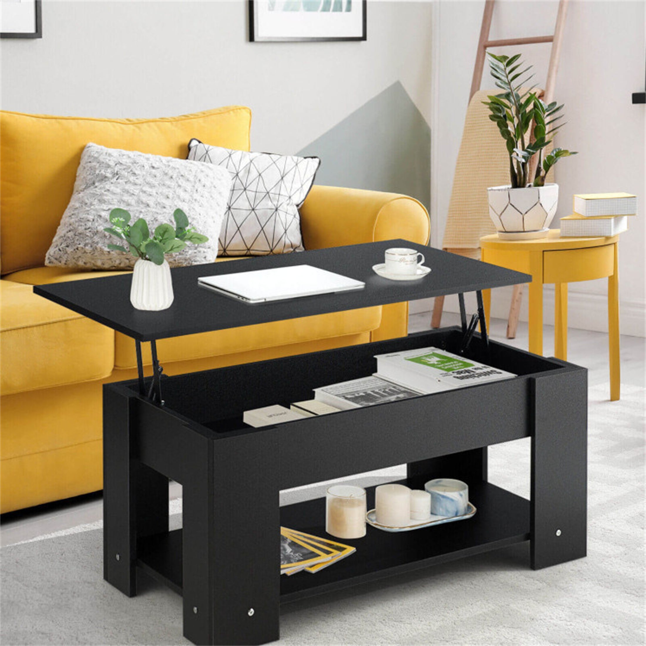 Black Coffee Table with Lift-up Desktop and Storage - Mycitystee