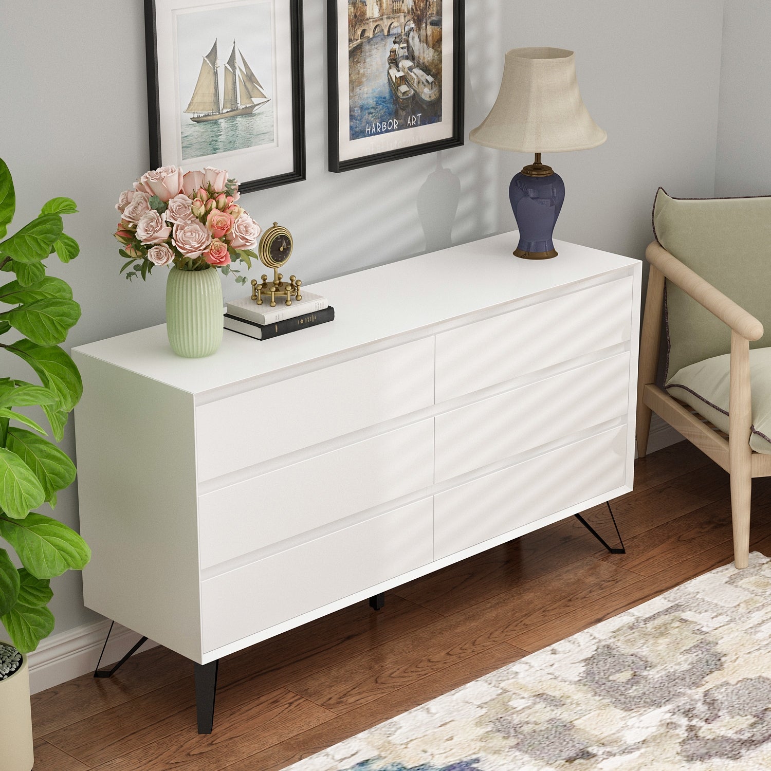54'' FAMAPY White 6 Drawer Double Dresser Chest With Metal Legs - - 36394041 - Mycitystee