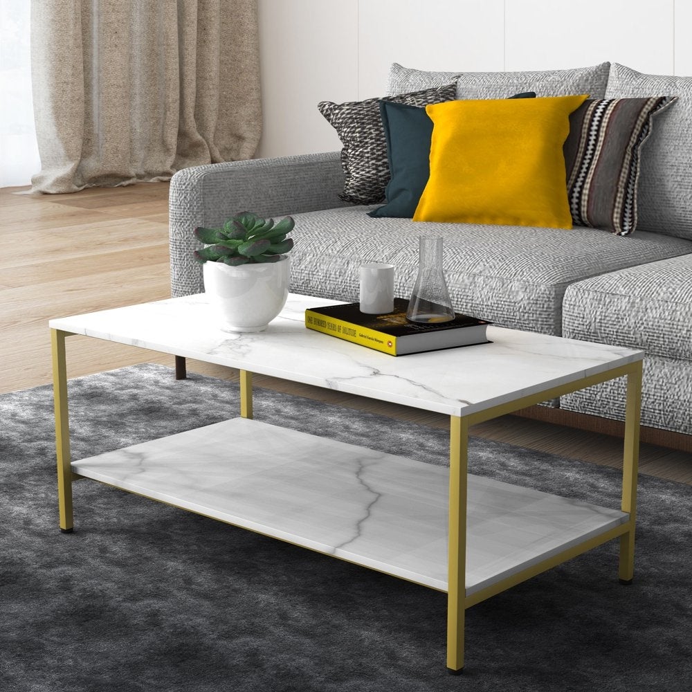 Benton Park Faux Marble Rectangular Coffee Table， Gold Frame - Mycitystee