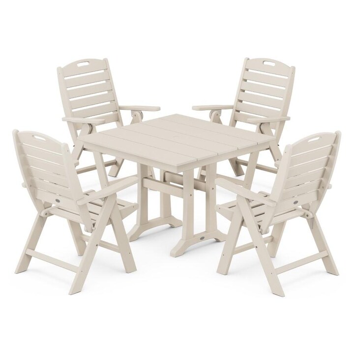 POLYWOOD Nautical Highback 5-Piece Farmhouse Trestle Dining Set in Sand - Mycitystee