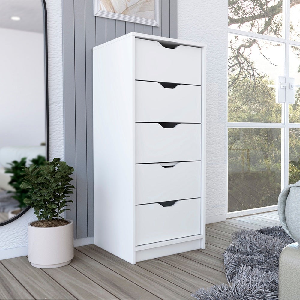 Basilea Narrow Dresser with 5 Drawers， White - - 37212202 - Mycitystee