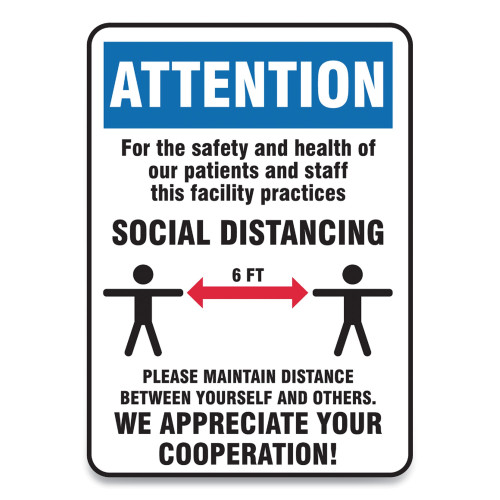 Accuform Social Distance Signs， Wall， 10 x 14， Patients and Staff Social Distancing， Humans/Arrows， Blue/White， 10/Pack (MGNG907VPESP) - Mycitystee