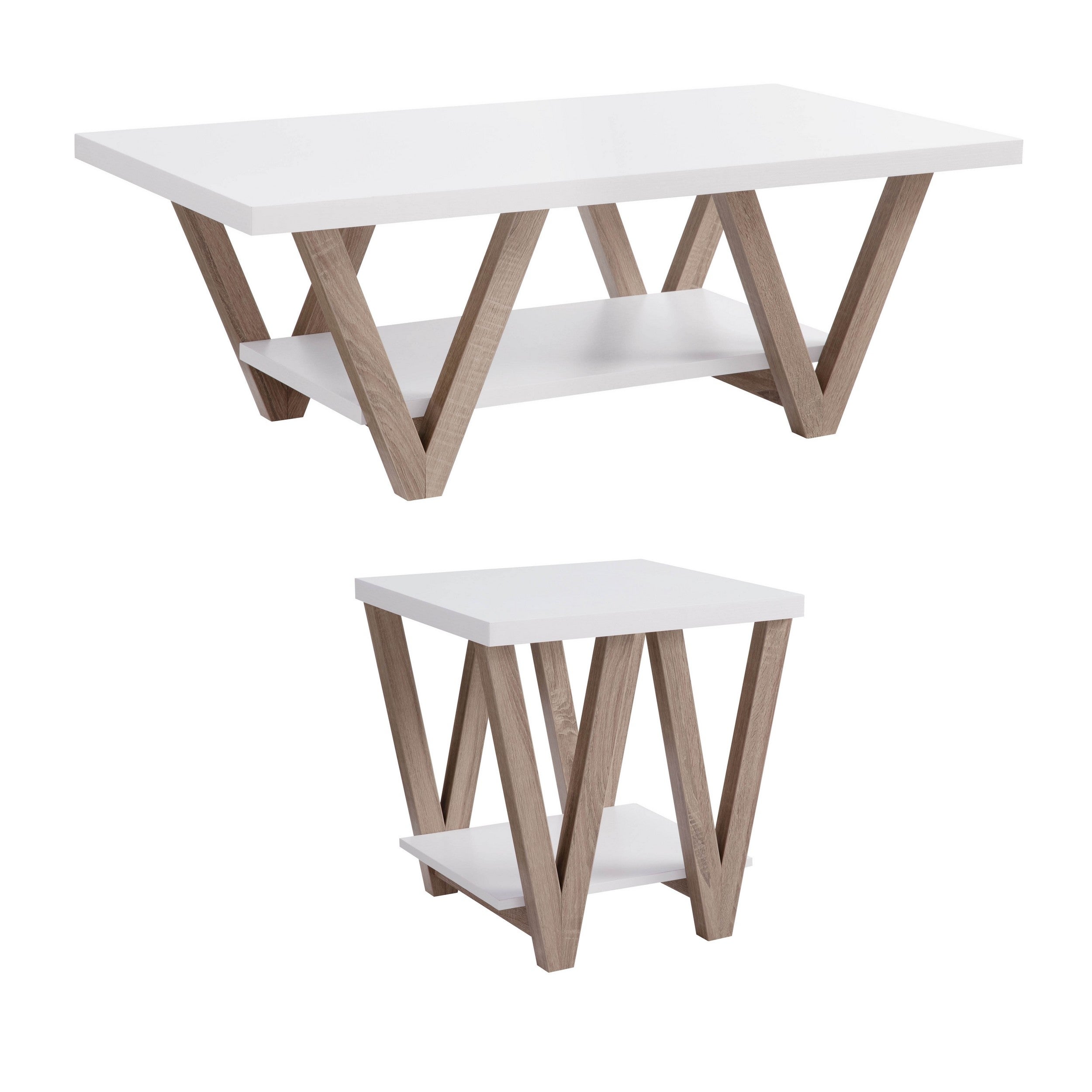 47， 22 Inch Coffee Table with End Table， Bottom Shelf， V Legs， White， Taupe - Mycitystee
