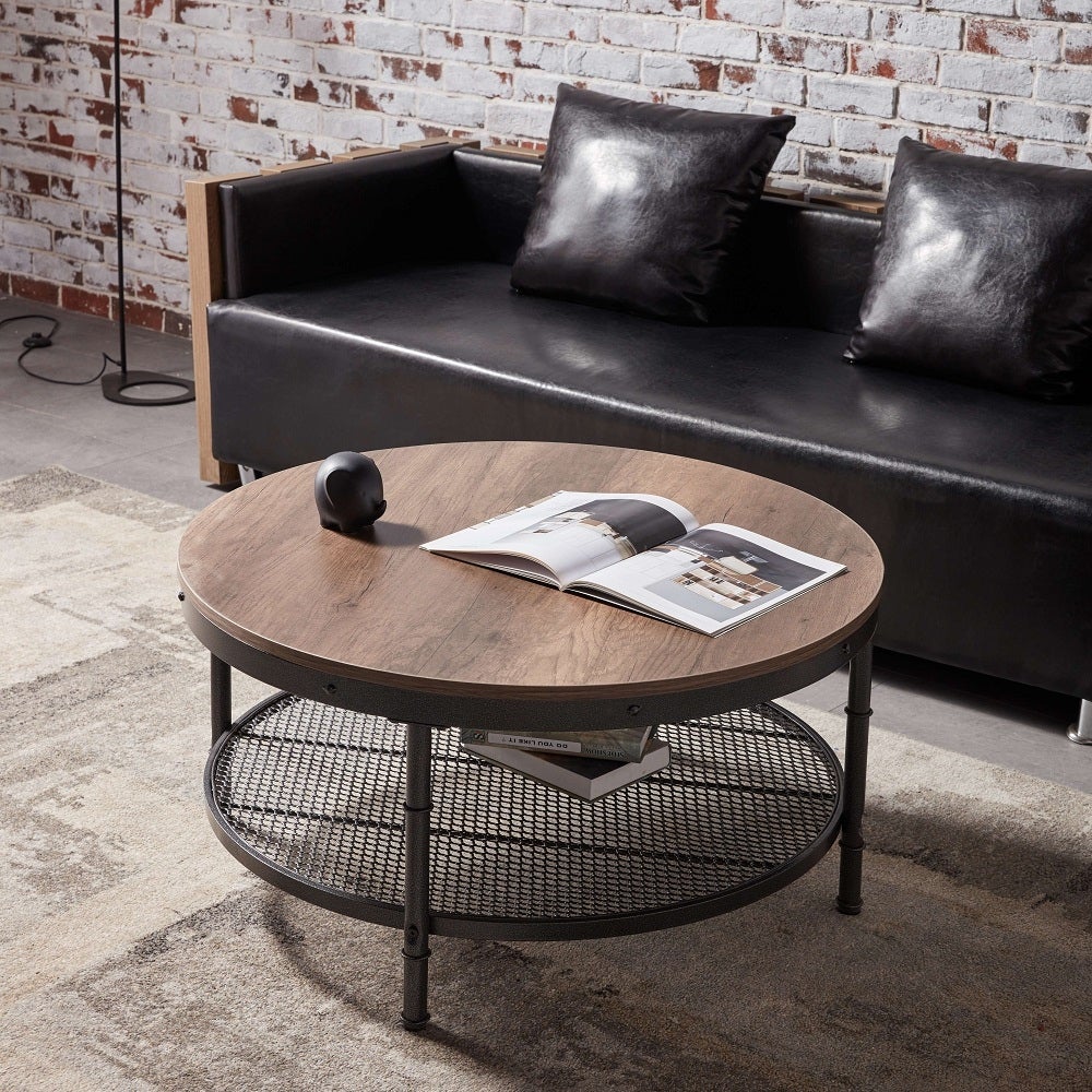 2-Tier Single Panel Round Coffee Table with Metal Frame and Mesh - Mycitystee