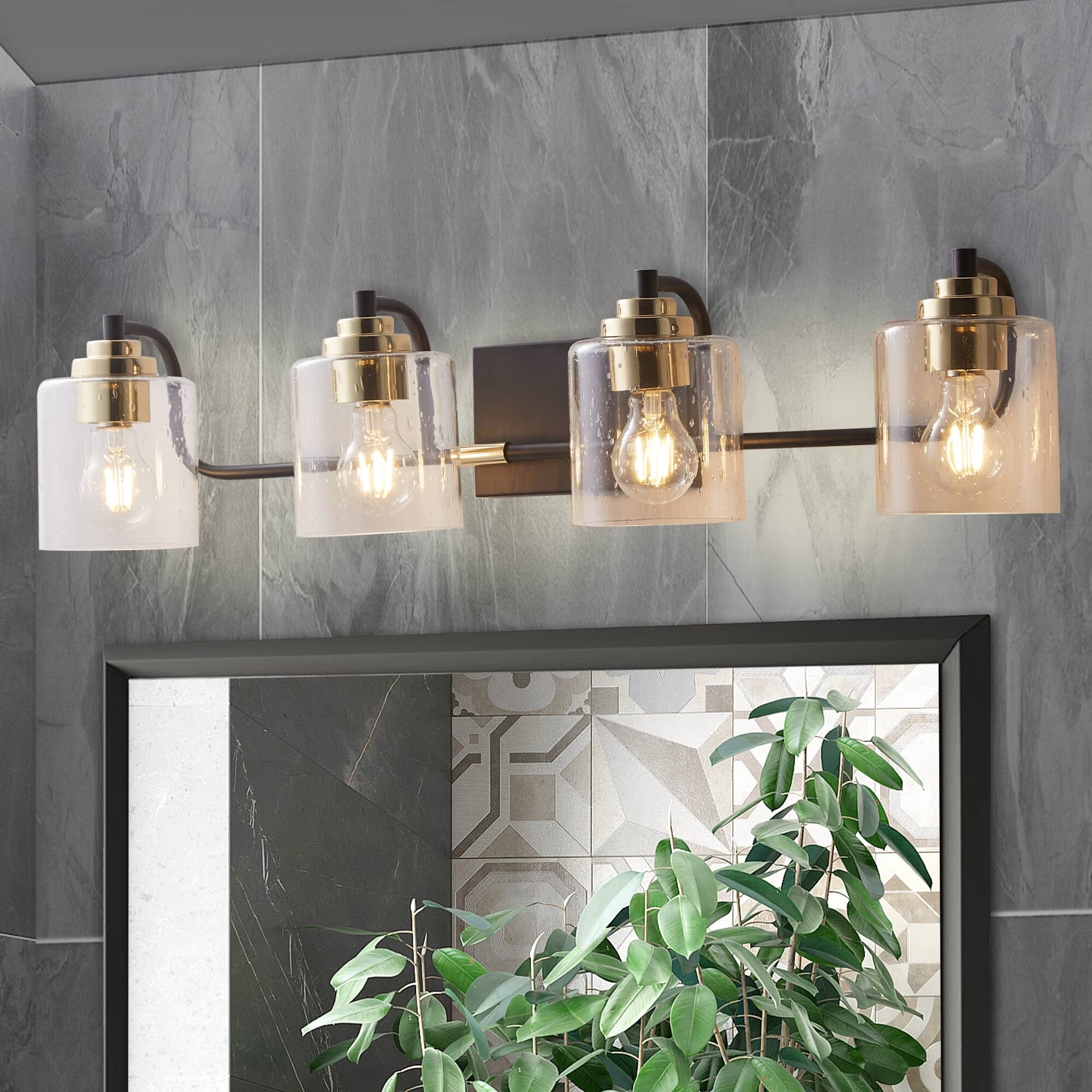 4 Lights Bathroom Vanity Light Fixtures Black and Gold Wall Sconce Lighting With Clear Glass Shade For Bedroom Kitchen Living Room - Mycitystee