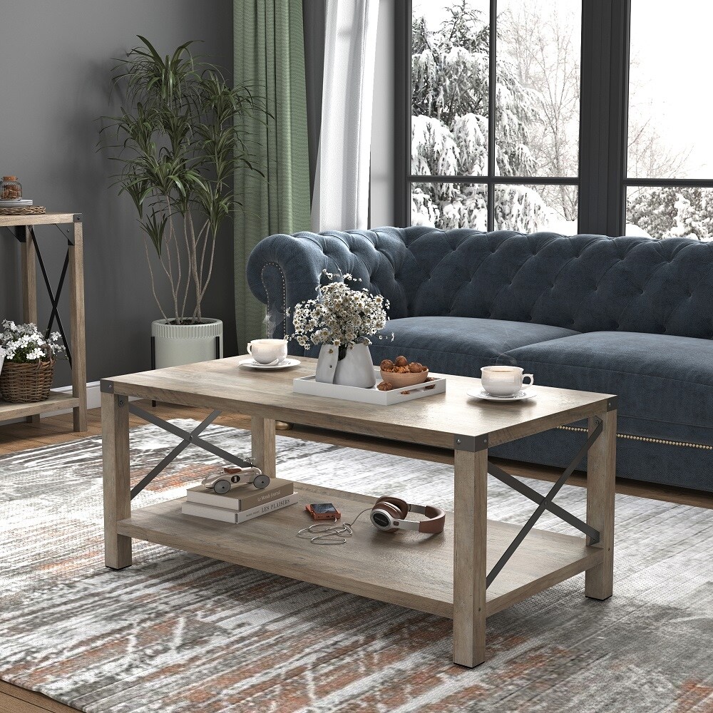 2-Tier Wooden Farmhouse Coffee Table with Metal X- Frame - Mycitystee